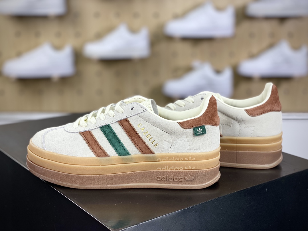 180 阿迪达斯Adidas Originals Gazelle Bold W 羚羊松糕系列板鞋“翻毛浅灰深绿酒红生胶底”IG3685