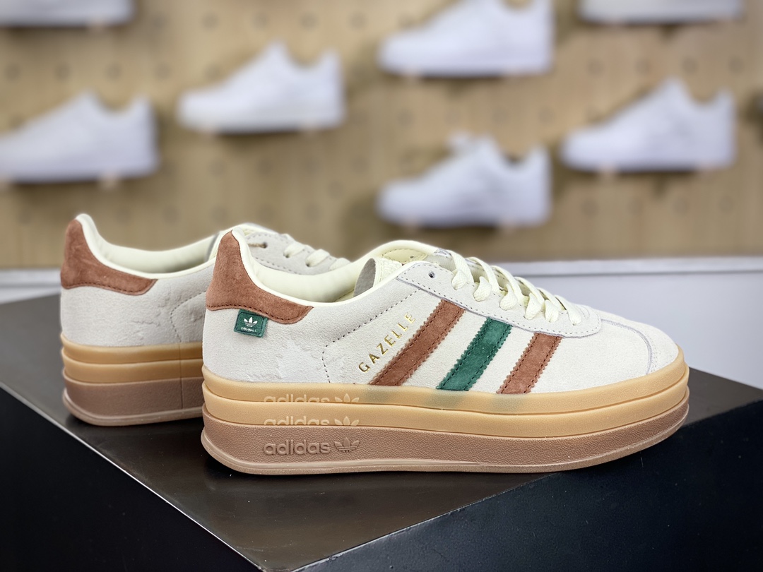 180 阿迪达斯Adidas Originals Gazelle Bold W 羚羊松糕系列板鞋“翻毛浅灰深绿酒红生胶底”IG3685