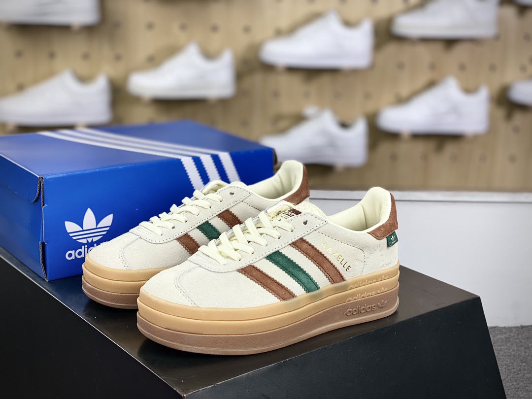 180 阿迪达斯Adidas Originals Gazelle Bold W 羚羊松糕系列板鞋“翻毛浅灰深绿酒红生胶底”IG3685