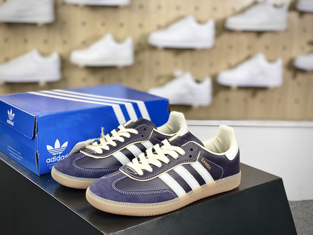 200 三叶草Adidas Originals Wmns Samba OG”Black Cream White Gold”桑巴舞板鞋“皮革深蓝奶白金生胶底”IG6836