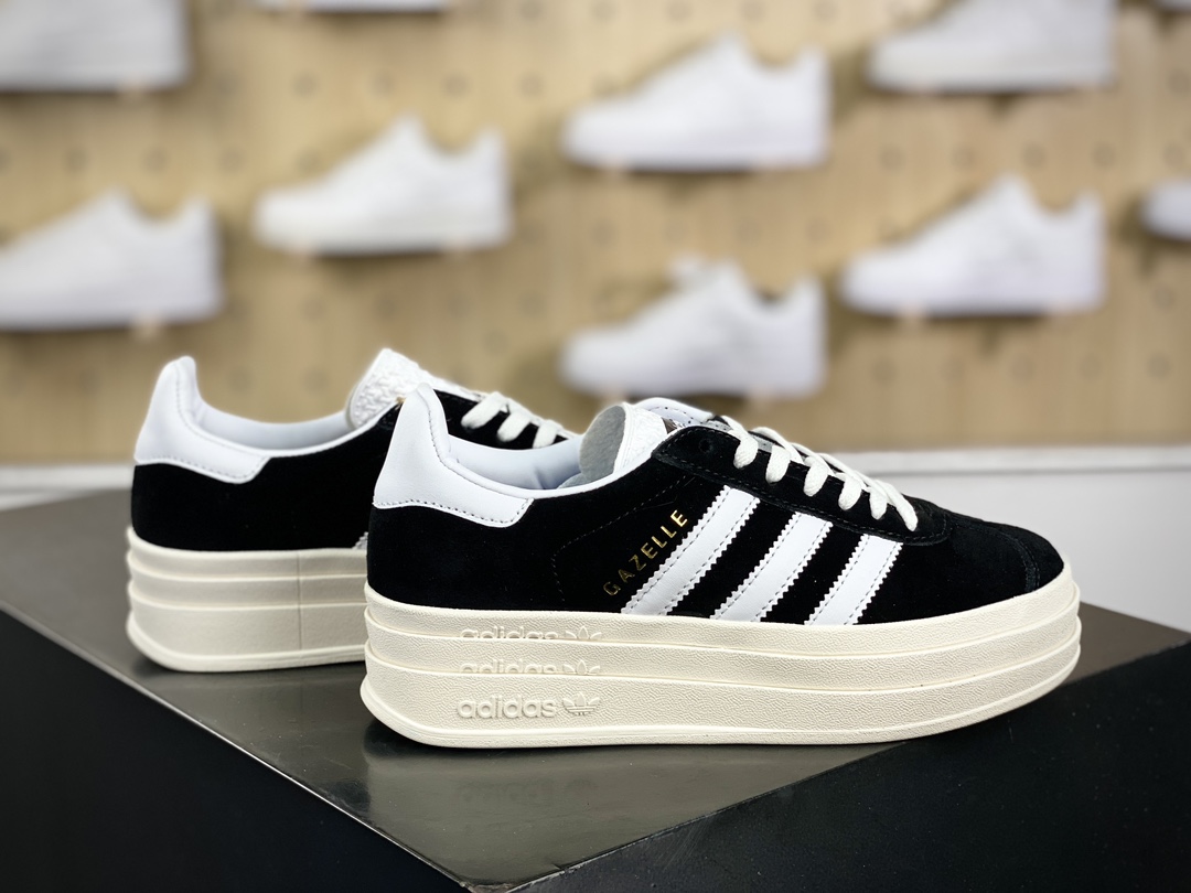 180 阿迪达斯Adidas Originals Gazelle Bold W 羚羊松糕系列板鞋“翻毛黑白”HQ6912