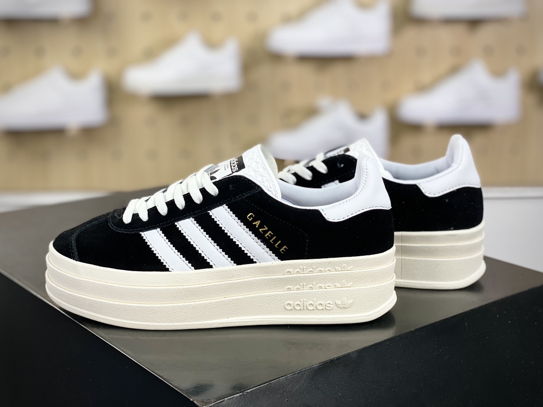 180 阿迪达斯Adidas Originals Gazelle Bold W 羚羊松糕系列板鞋“翻毛黑白”HQ6912