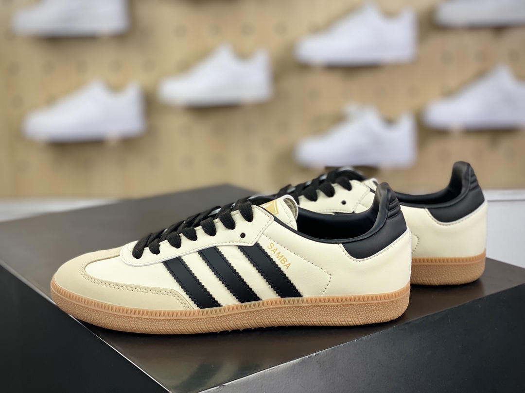 200 三叶草Adidas Originals Samba OG 桑巴舞系列绅士板鞋“皮革奶白黑生胶底”ID0478