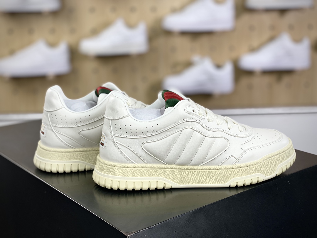 450 古驰Gucci Re-Web Leather Sneakers 系列低帮小白板鞋“皮革米白红绿标牌”786186 AADJ9 9097