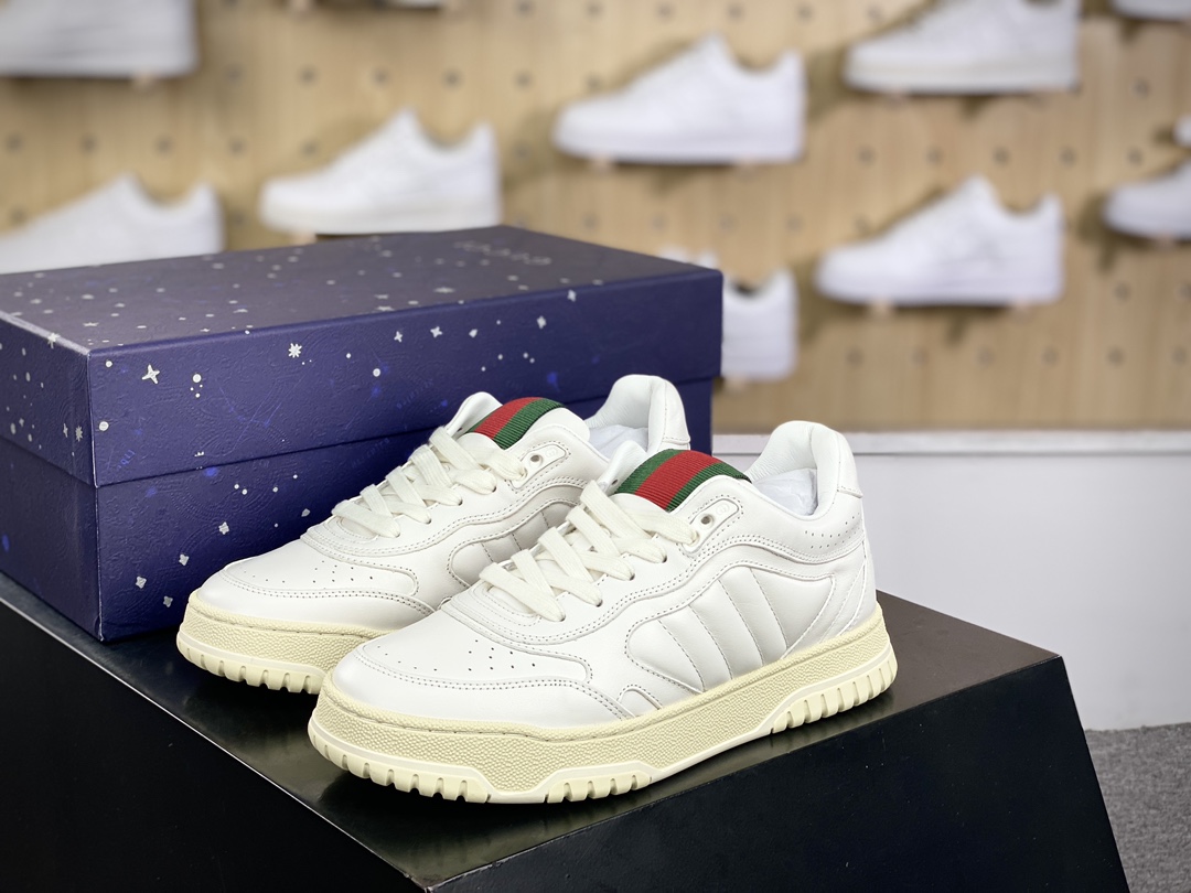 450 古驰Gucci Re-Web Leather Sneakers 系列低帮小白板鞋“皮革米白红绿标牌”786186 AADJ9 9097