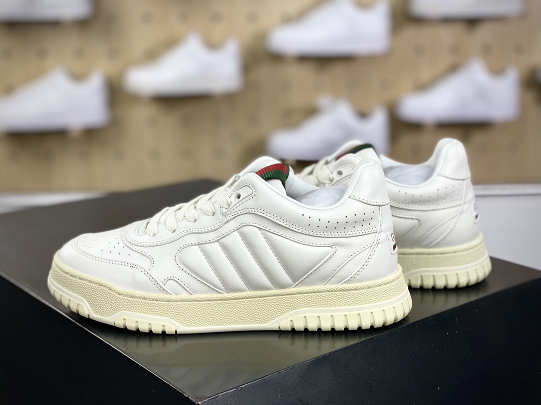 450 古驰Gucci Re-Web Leather Sneakers 系列低帮小白板鞋“皮革米白红绿标牌”786186 AADJ9 9097