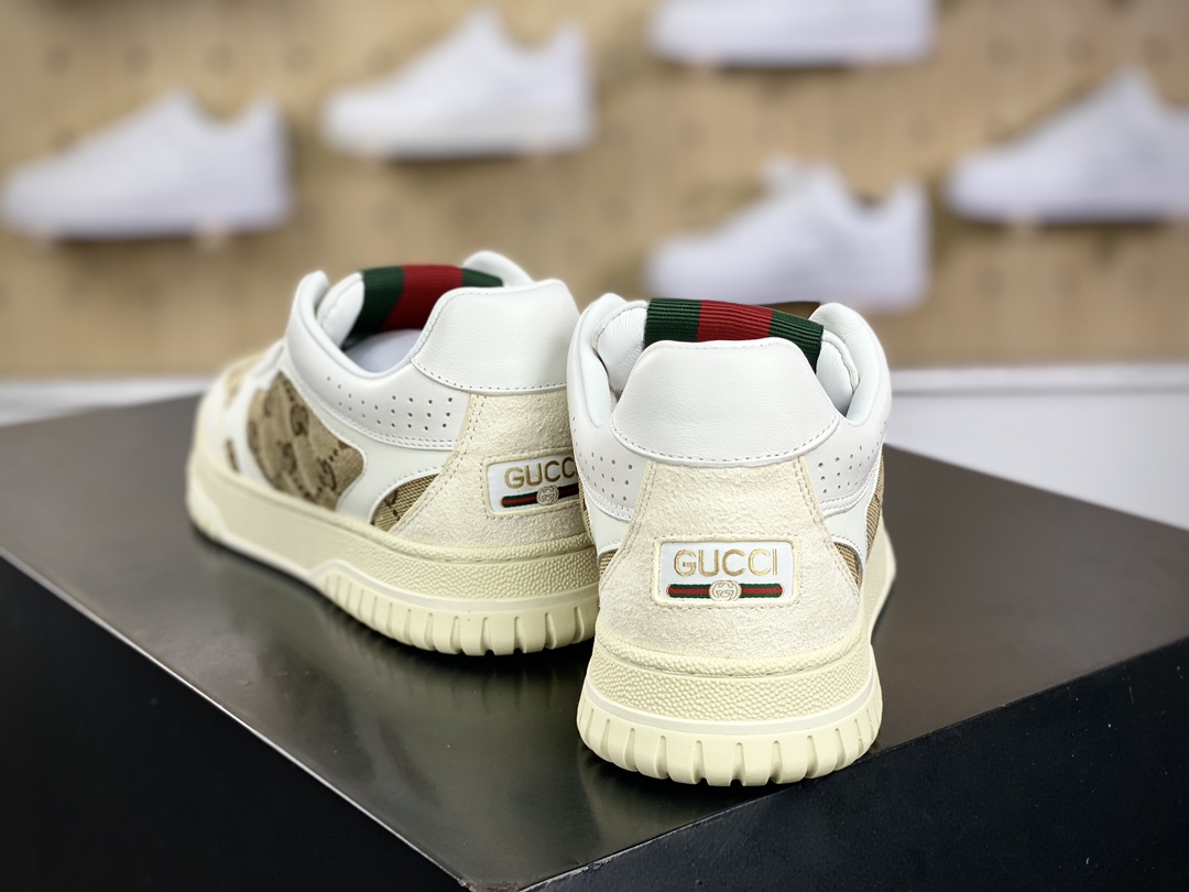 450 古驰Gucci Re-Web Leather Sneakers 系列低帮复古百搭训练板鞋“皮革米白乌木色GG红绿标牌”787476 AADHW 9573