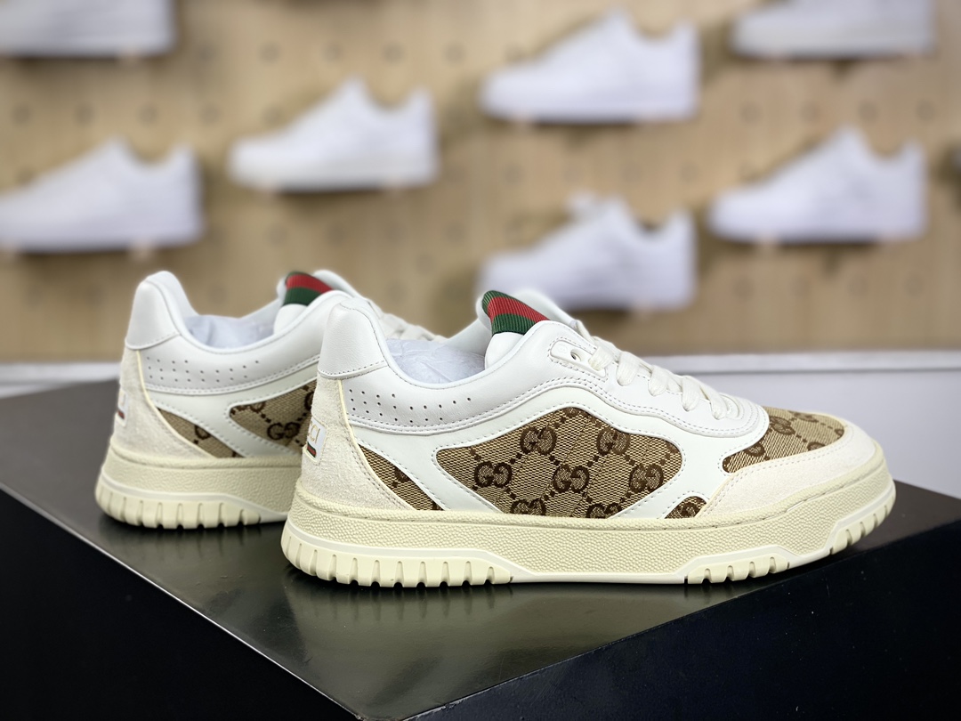 450 古驰Gucci Re-Web Leather Sneakers 系列低帮复古百搭训练板鞋“皮革米白乌木色GG红绿标牌”787476 AADHW 9573