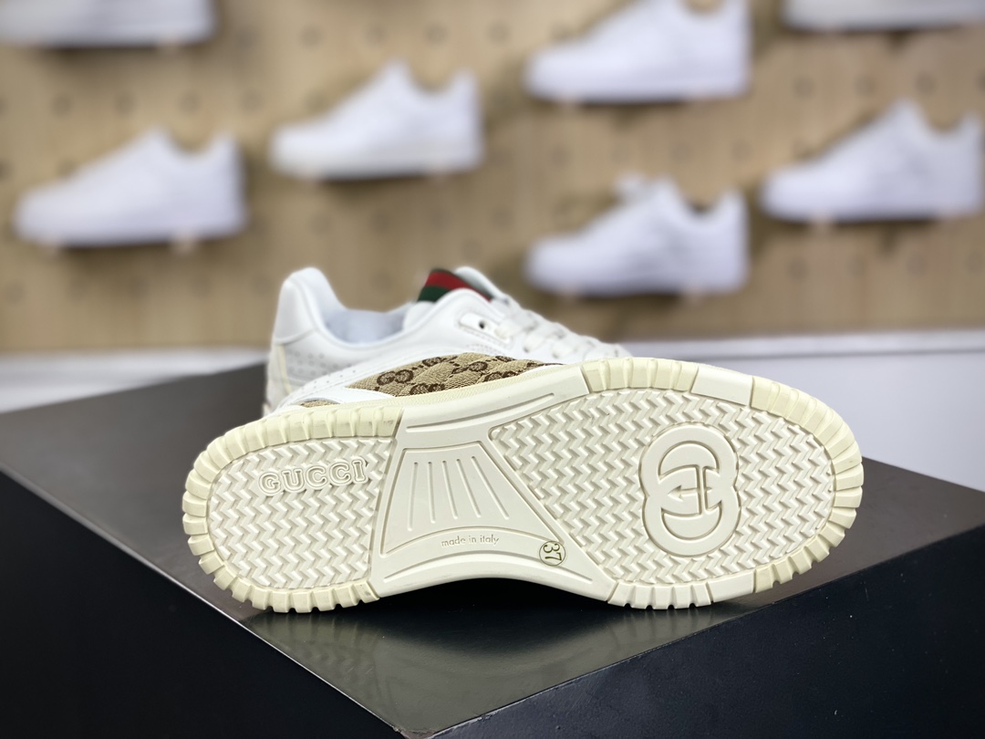 450 古驰Gucci Re-Web Leather Sneakers 系列低帮复古百搭训练板鞋“皮革米白乌木色GG红绿标牌”787476 AADHW 9573