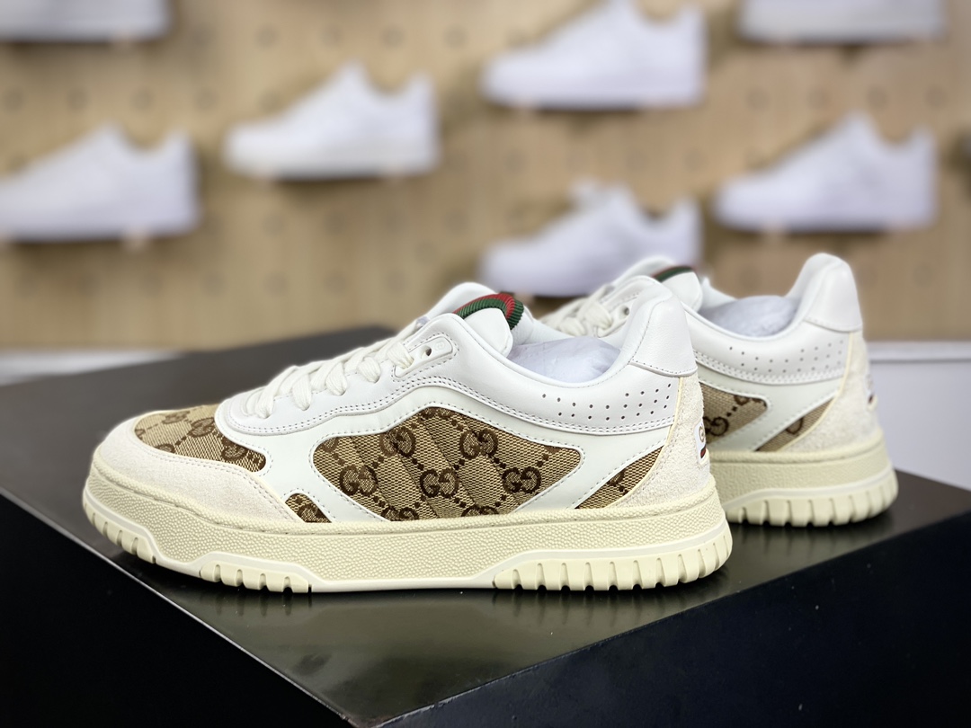 450 古驰Gucci Re-Web Leather Sneakers 系列低帮复古百搭训练板鞋“皮革米白乌木色GG红绿标牌”787476 AADHW 9573