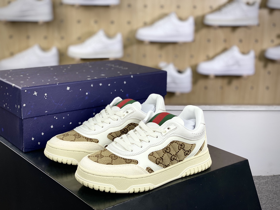 450 古驰Gucci Re-Web Leather Sneakers 系列低帮复古百搭训练板鞋“皮革米白乌木色GG红绿标牌”787476 AADHW 9573