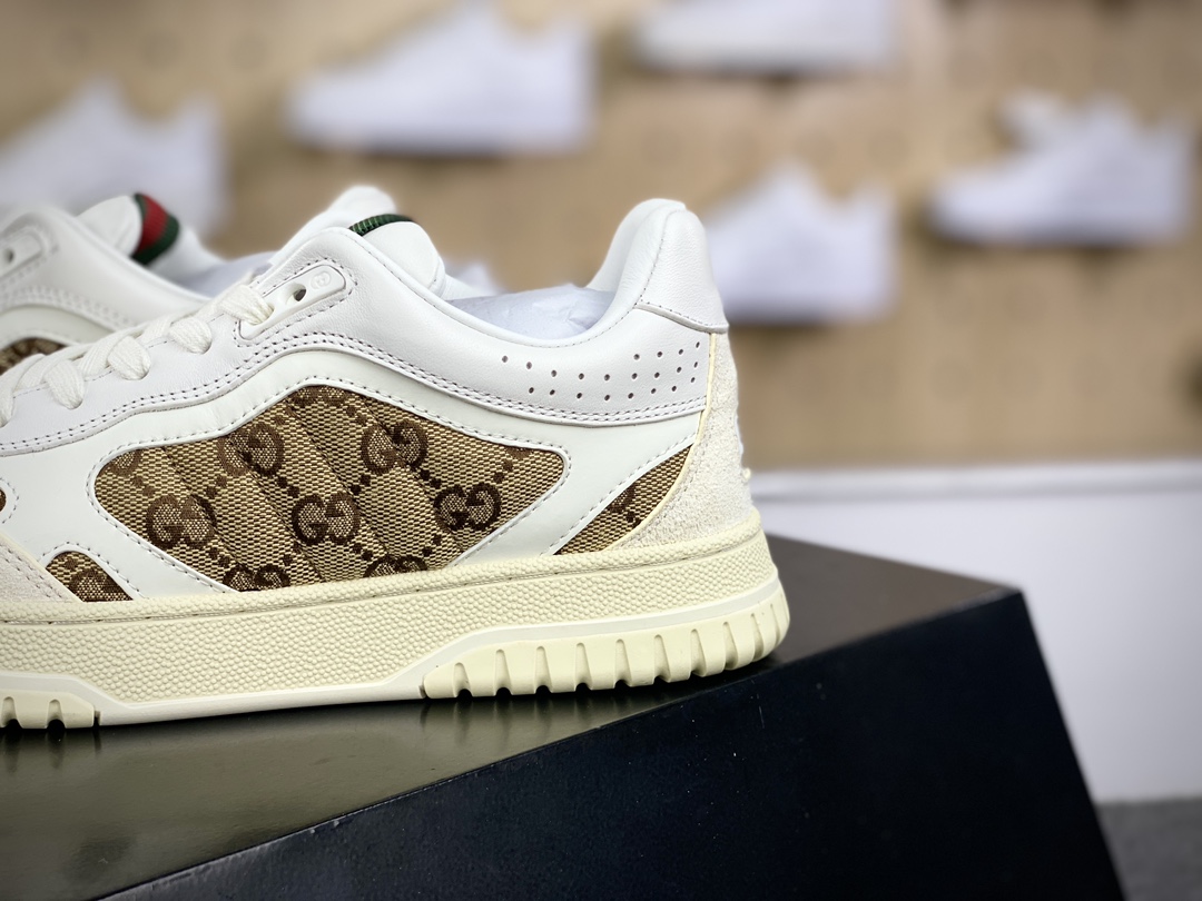 450 古驰Gucci Re-Web Leather Sneakers 系列低帮复古百搭训练板鞋“皮革米白乌木色GG红绿标牌”787476 AADHW 9573