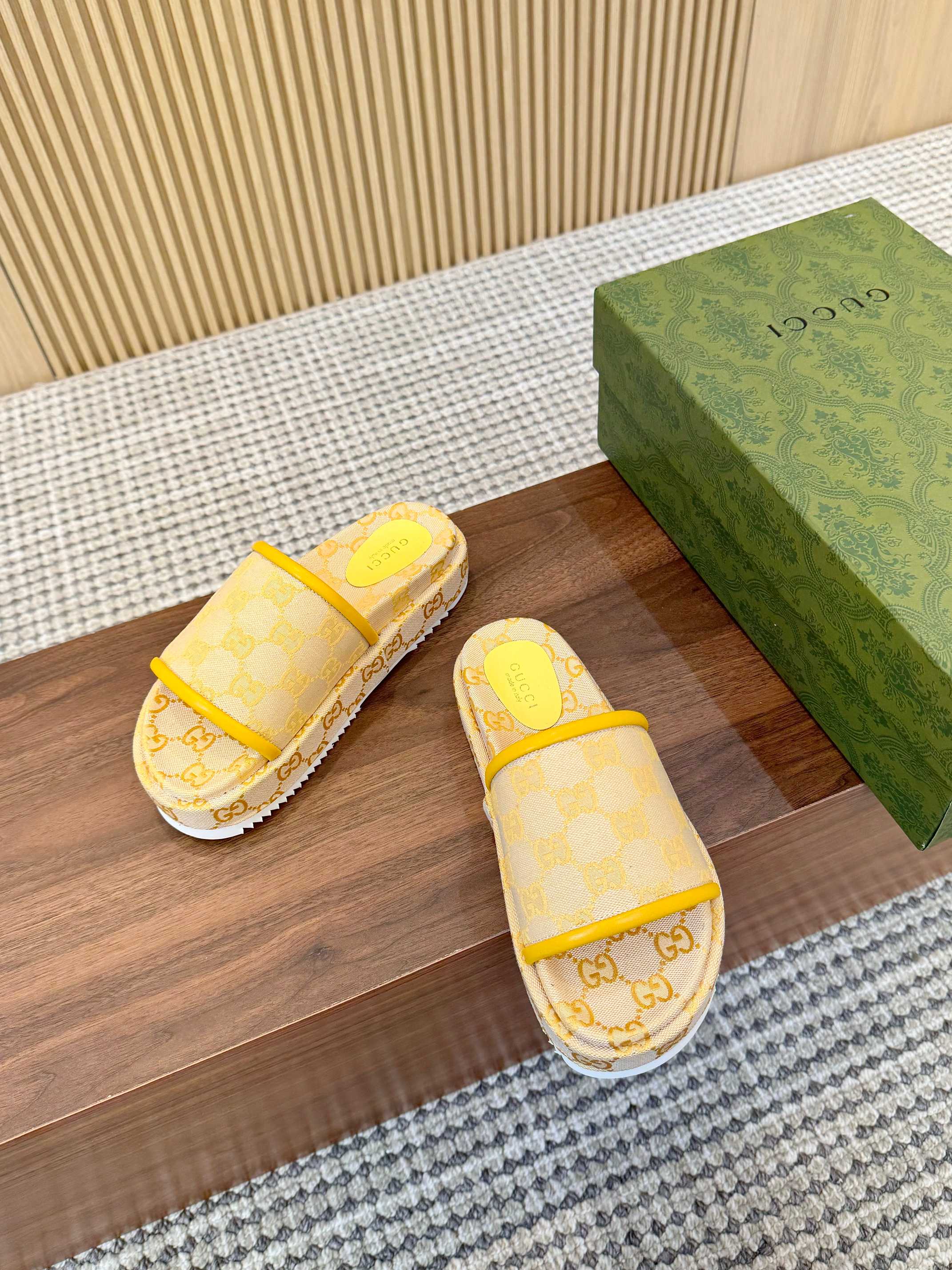 Gucci Limited Edition Platform Slides Sandals with GG Print - Yellow 7 a1742909098410 0635