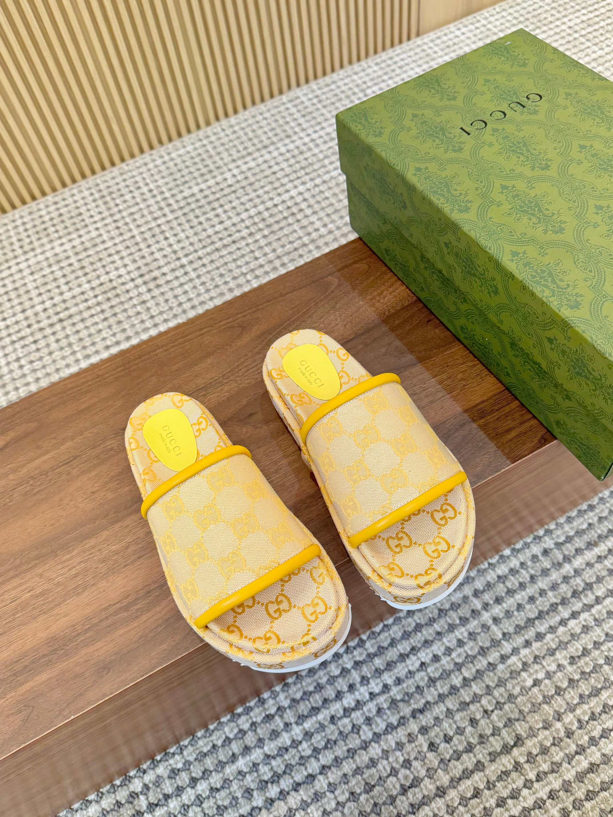 Gucci Limited Edition Platform Slides Sandals with GG Print - Yellow 2 a1742909100648 1608