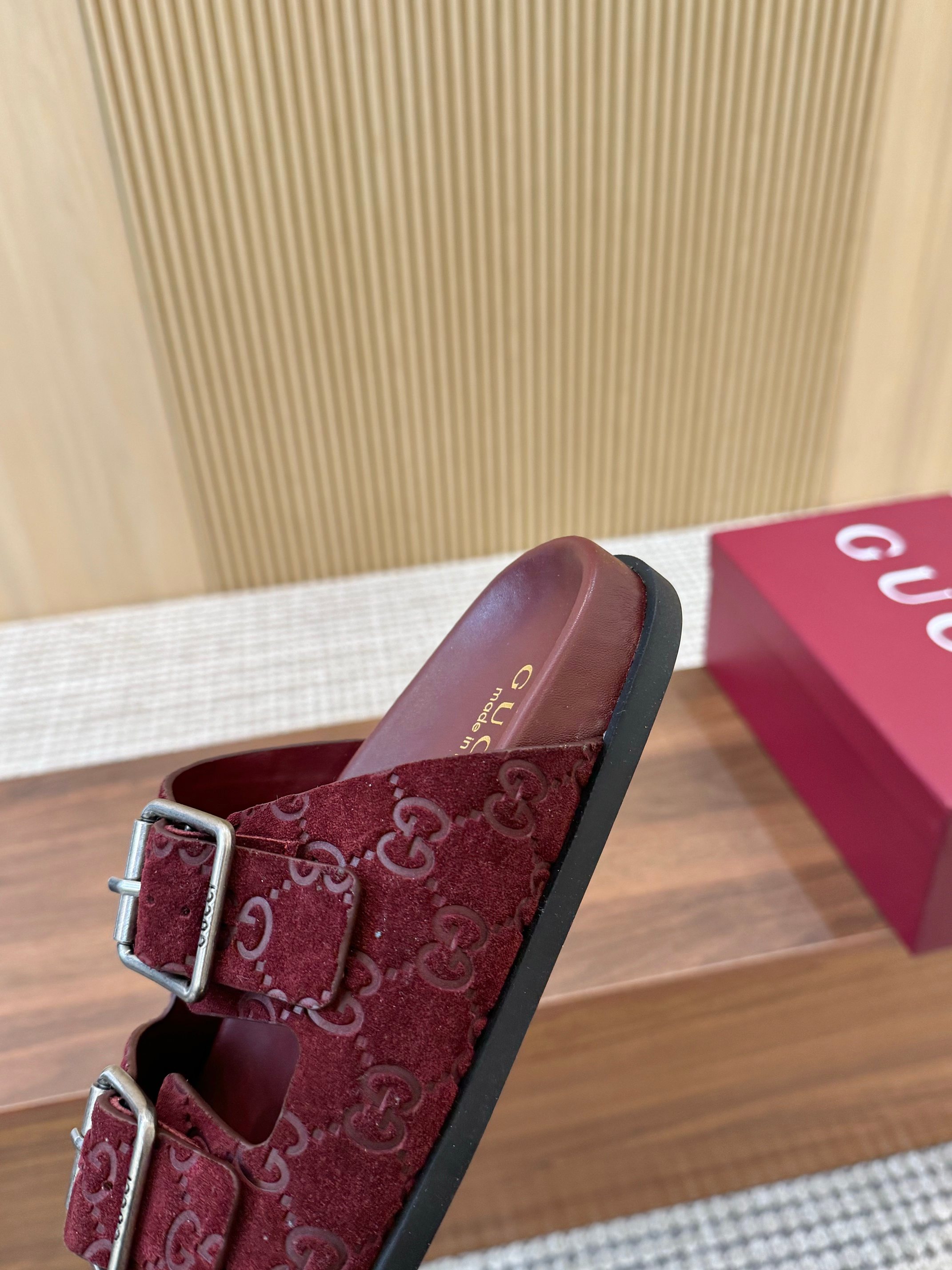 Gucci Interlocking G Embroidered Mules Slides, Thick Sole, Red Suede 6 a1743926591318 8316