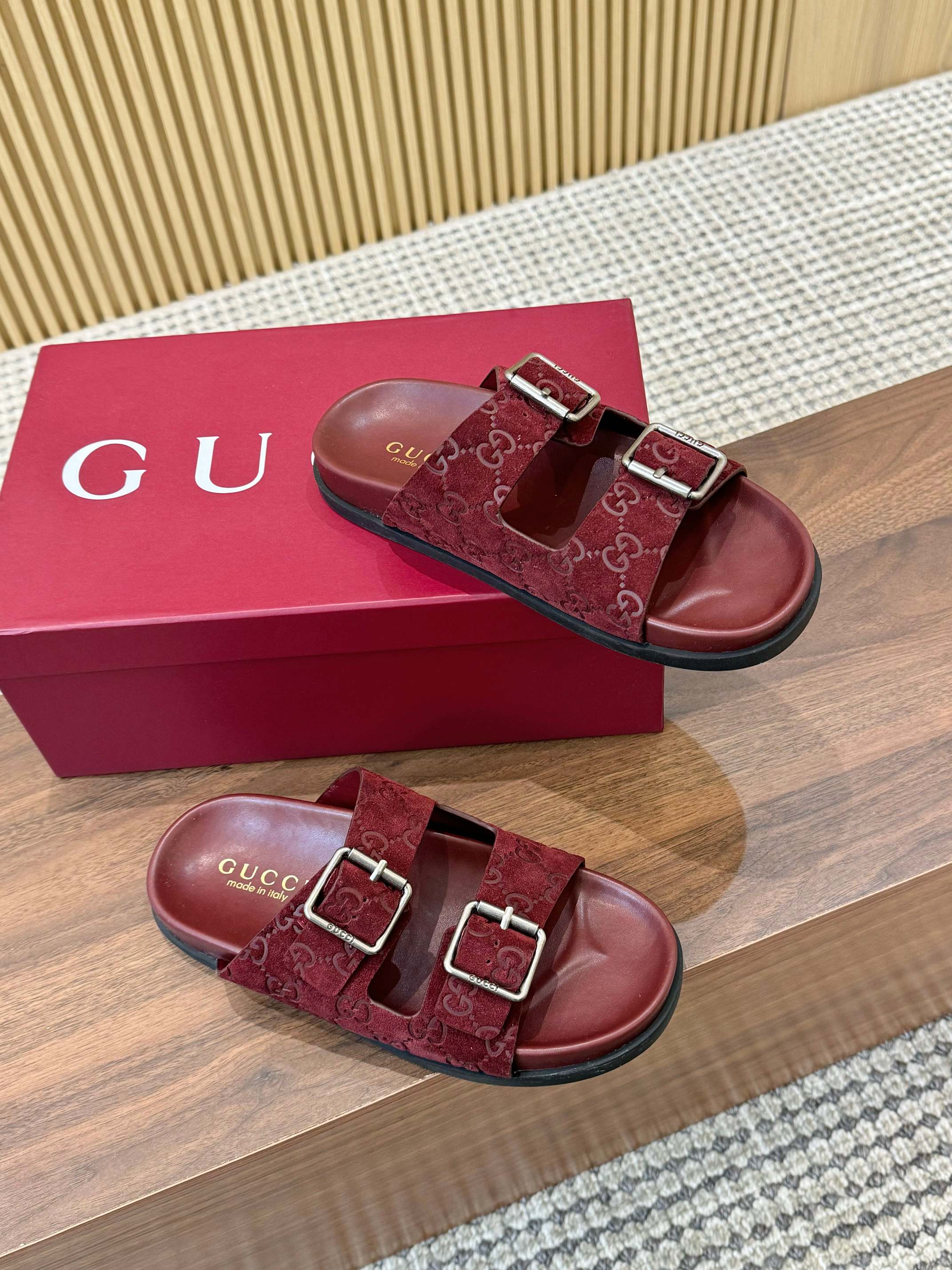 Gucci Interlocking G Embroidered Mules Slides, Thick Sole, Red Suede 2 a1743926591871 8748
