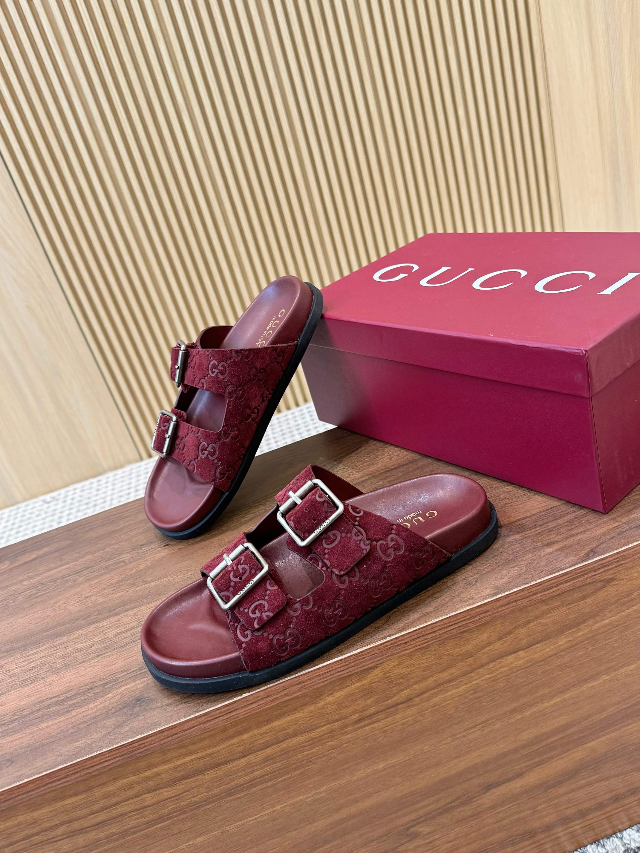 Gucci Interlocking G Embroidered Mules Slides, Thick Sole, Red Suede 4 a1743926591885 1564