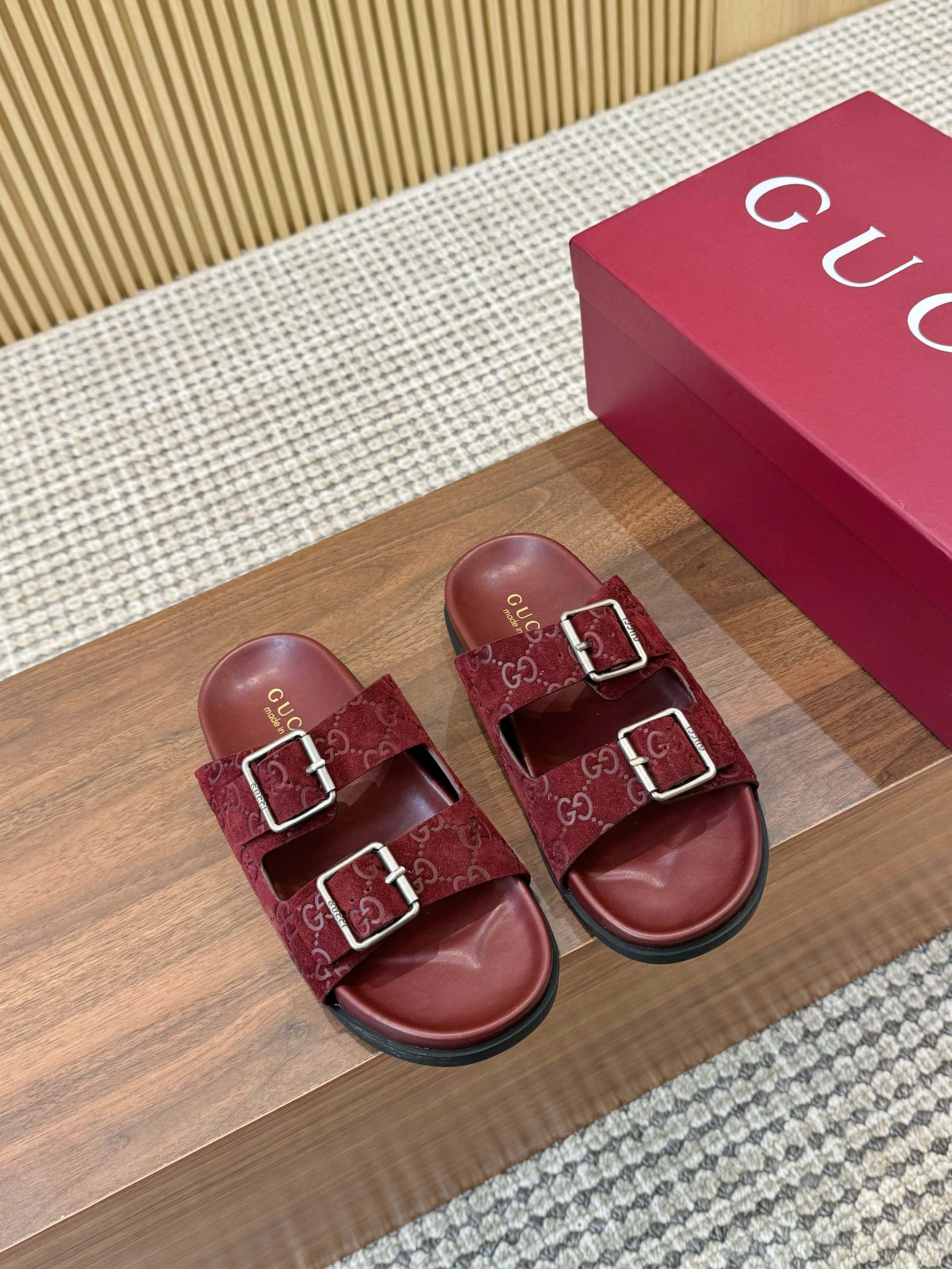 Gucci Interlocking G Embroidered Mules Slides, Thick Sole, Red Suede 3 a1743926592032 6385