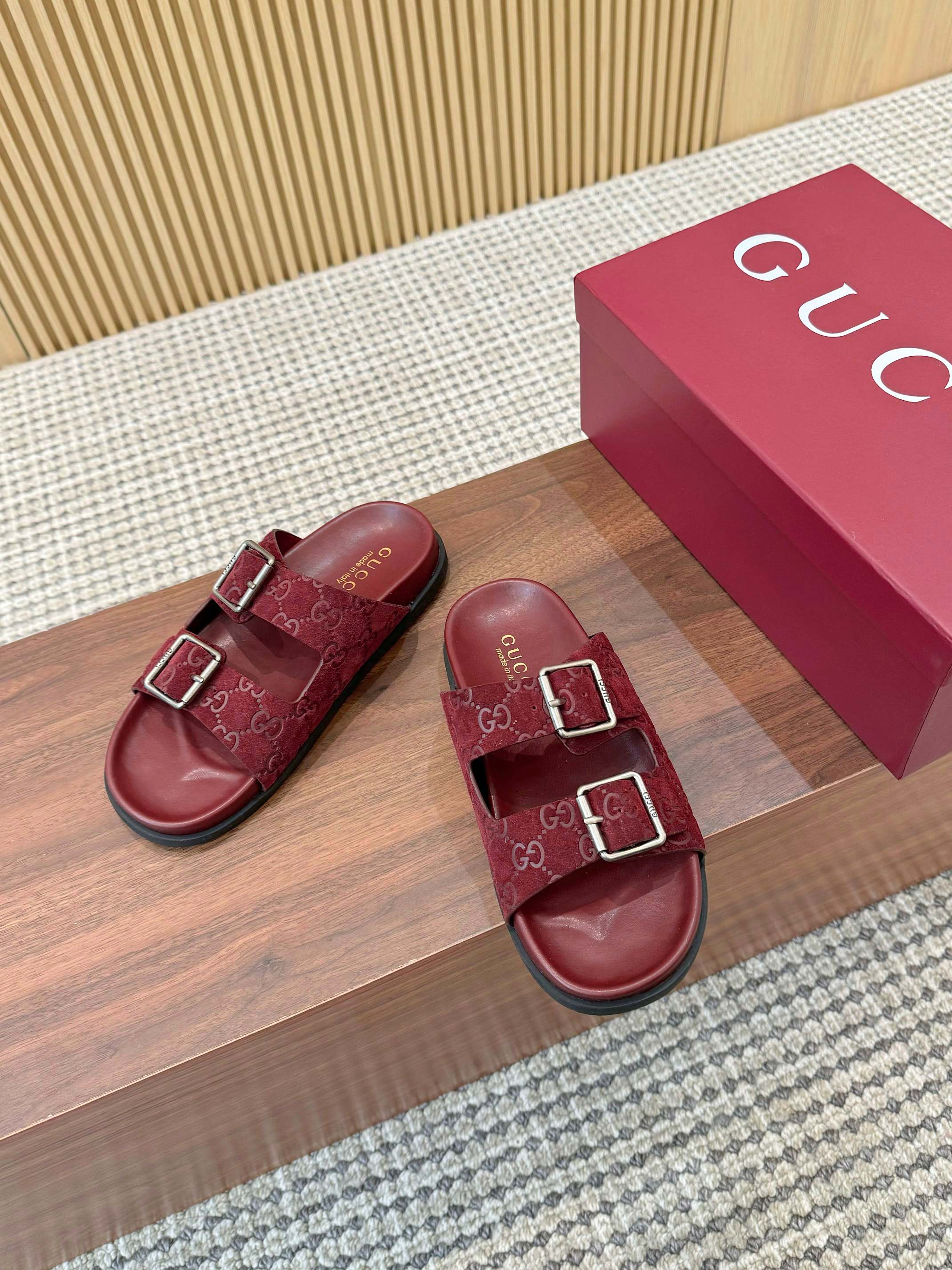 Gucci Interlocking G Embroidered Mules Slides, Thick Sole, Red Suede 7 a1743926592438 2252