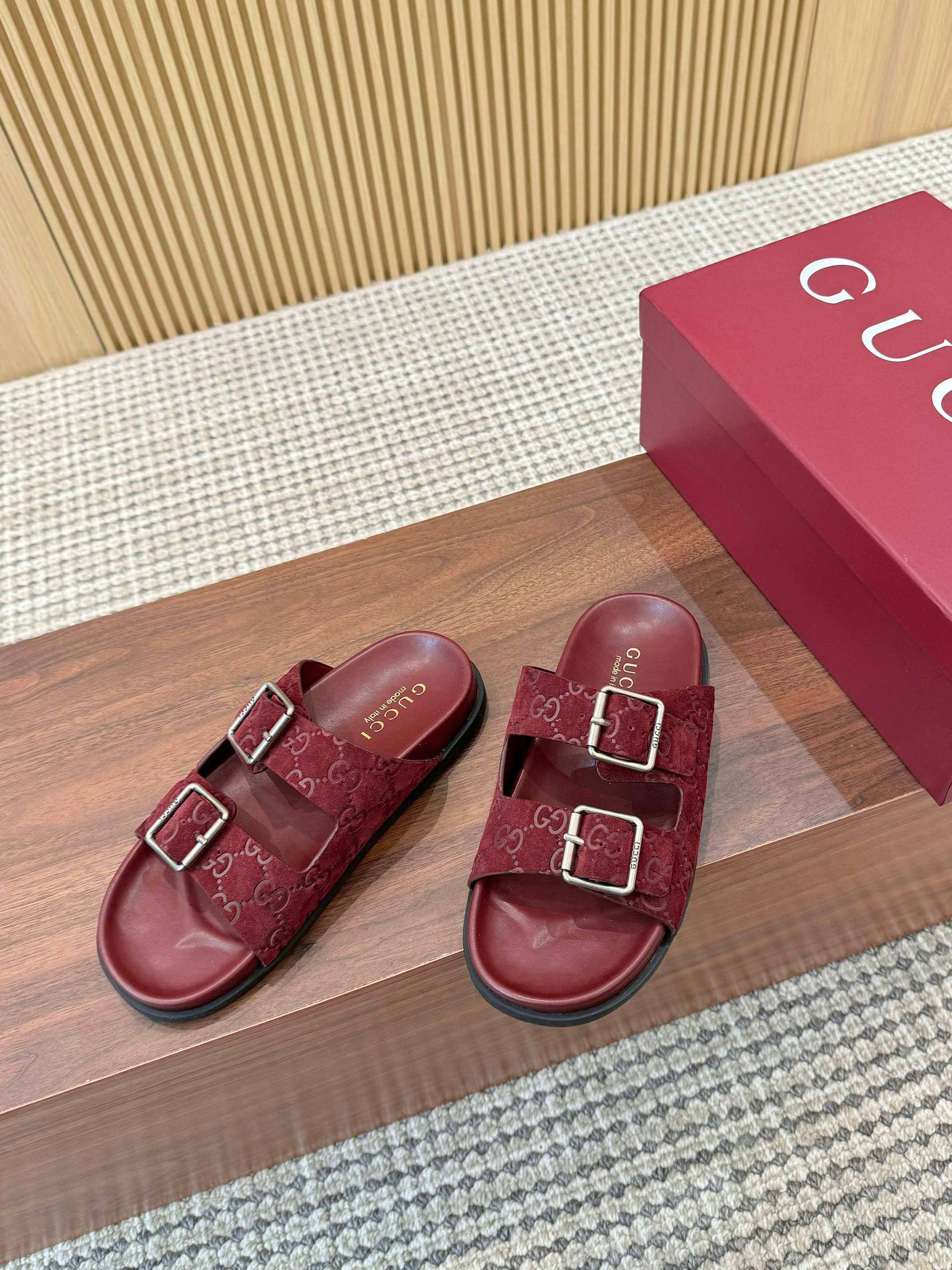 Gucci Interlocking G Embroidered Mules Slides, Thick Sole, Red Suede 10 a1743926595566 0557