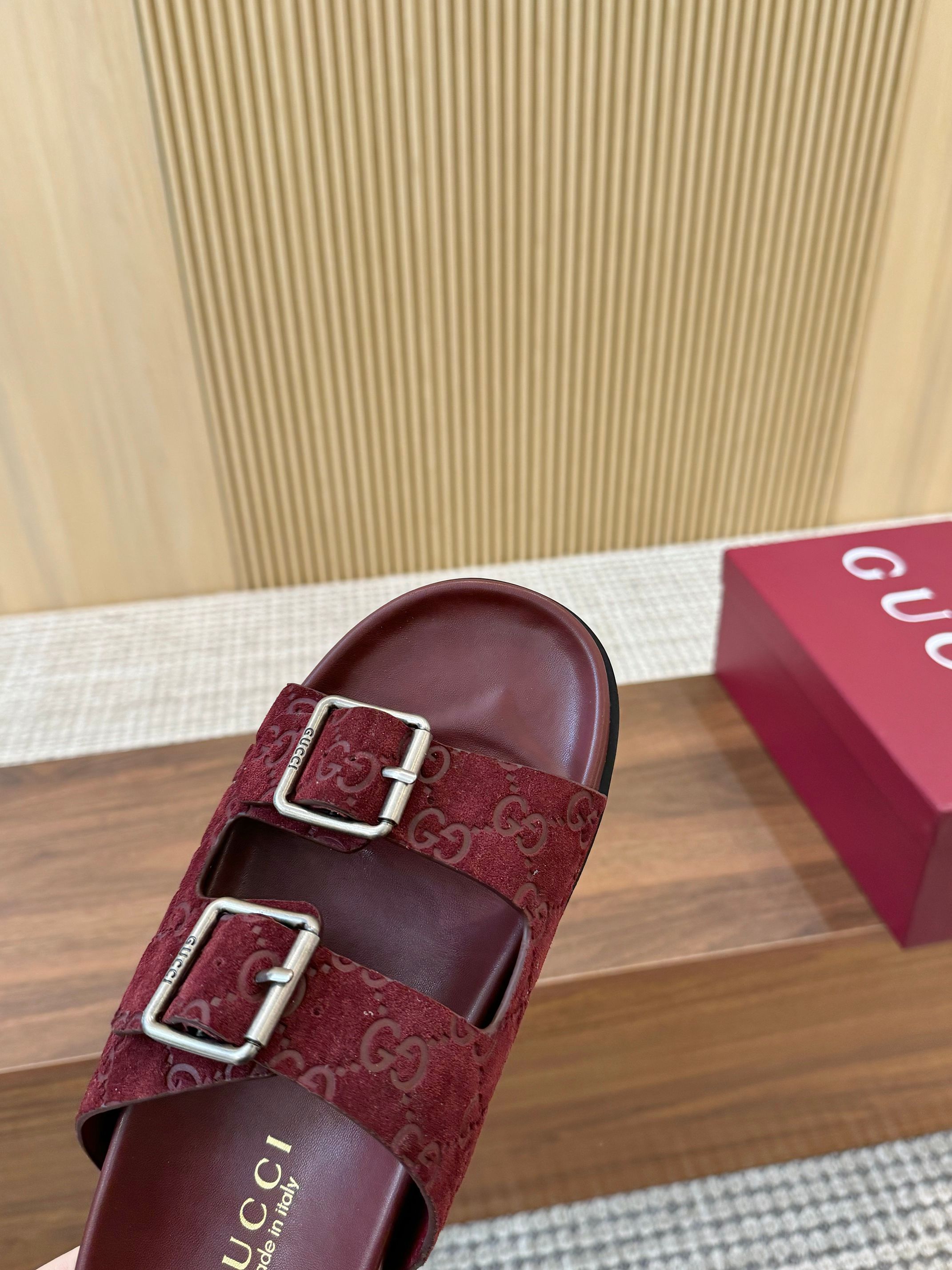 Gucci Interlocking G Embroidered Mules Slides, Thick Sole, Red Suede 8 a1743926597407 8768