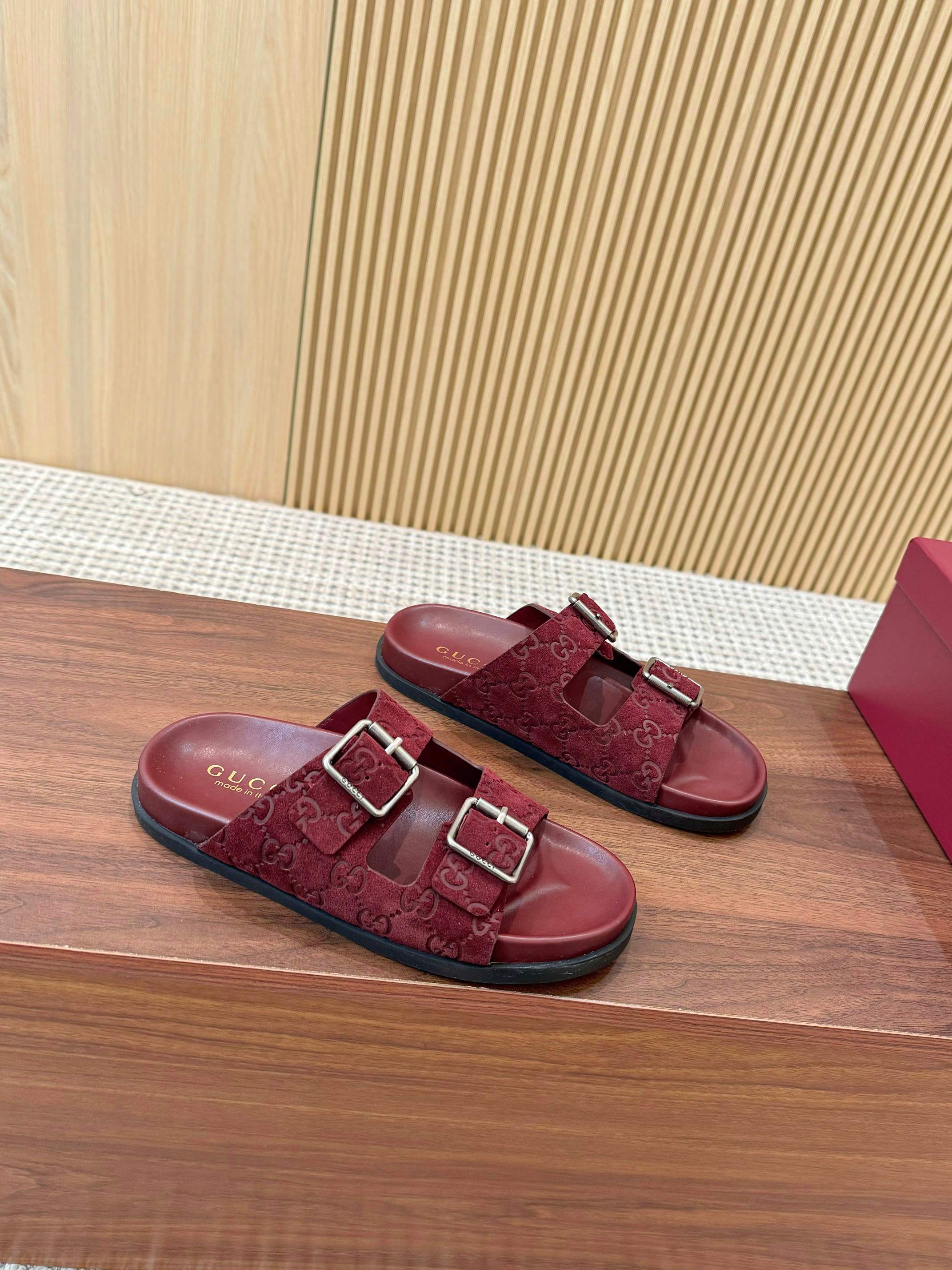 Gucci Interlocking G Embroidered Mules Slides, Thick Sole, Red Suede 5 a1743926597770 4046