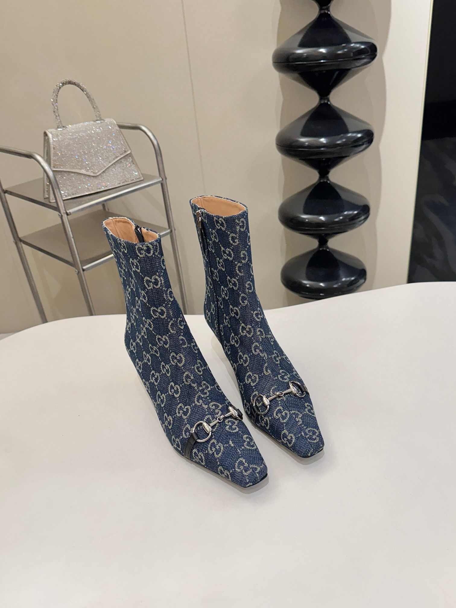Gucci Blue GG Horsebit Square Toe Ankle Boots
