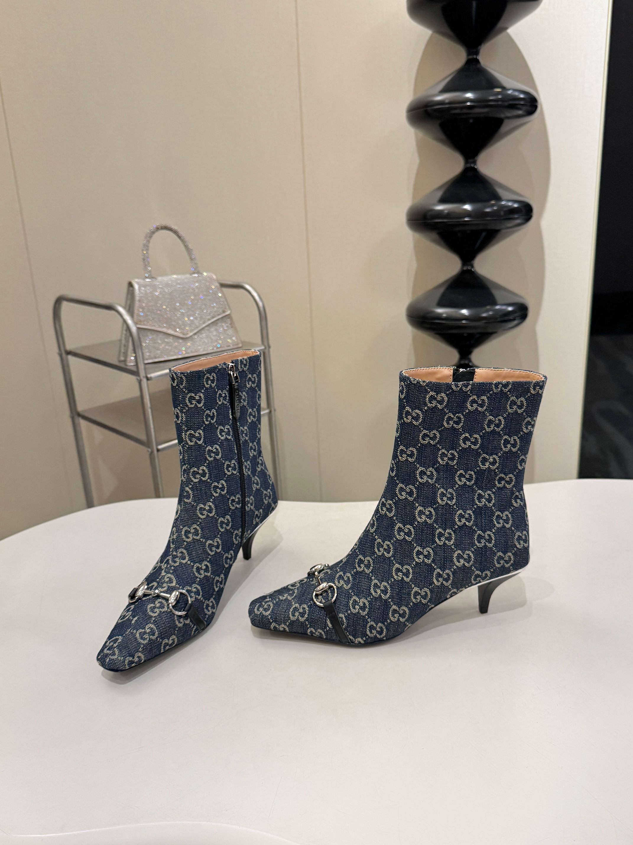 Gucci Blue GG Horsebit Square Toe Ankle Boots