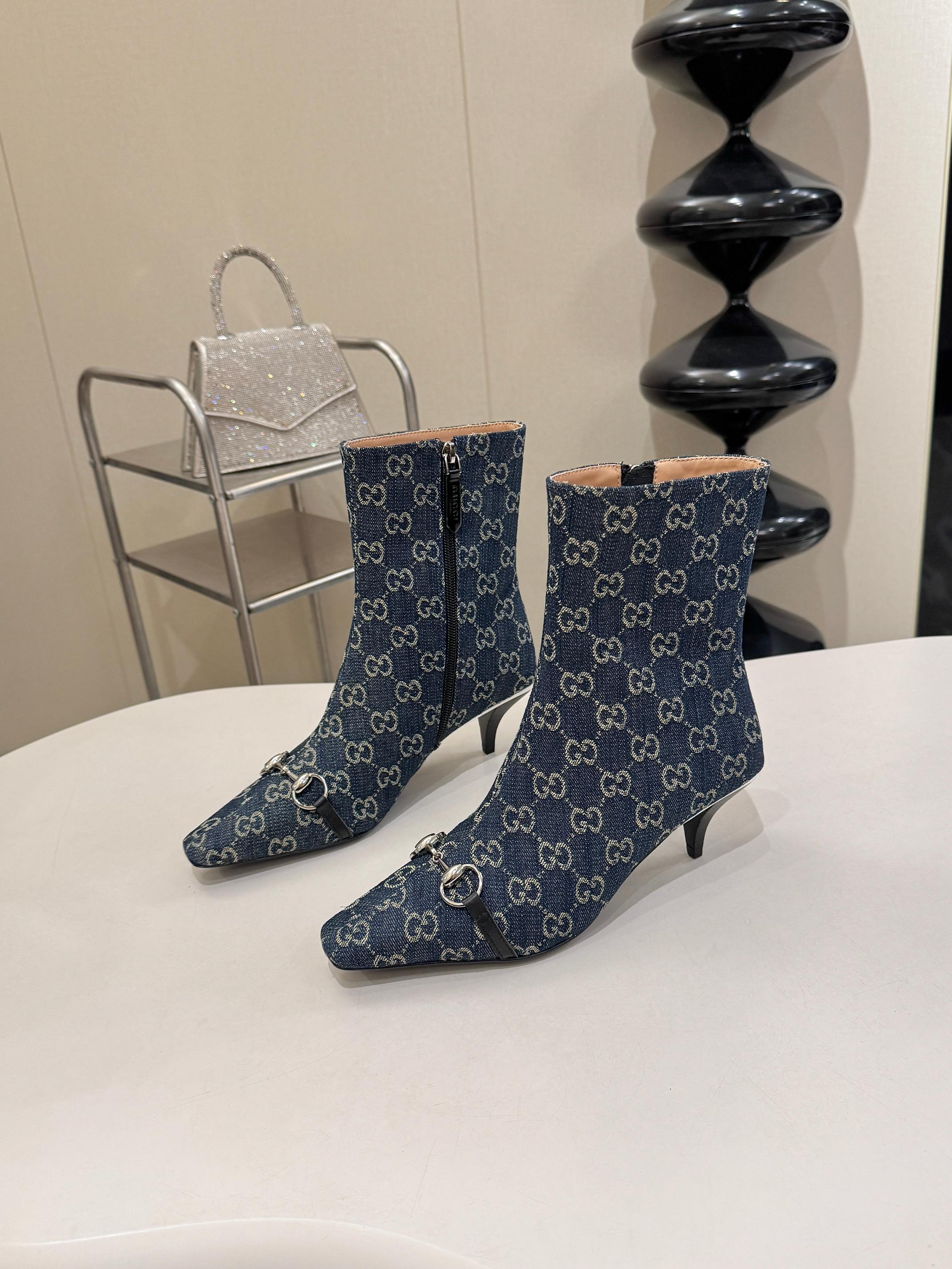 Gucci Blue GG Horsebit Square Toe Ankle Boots