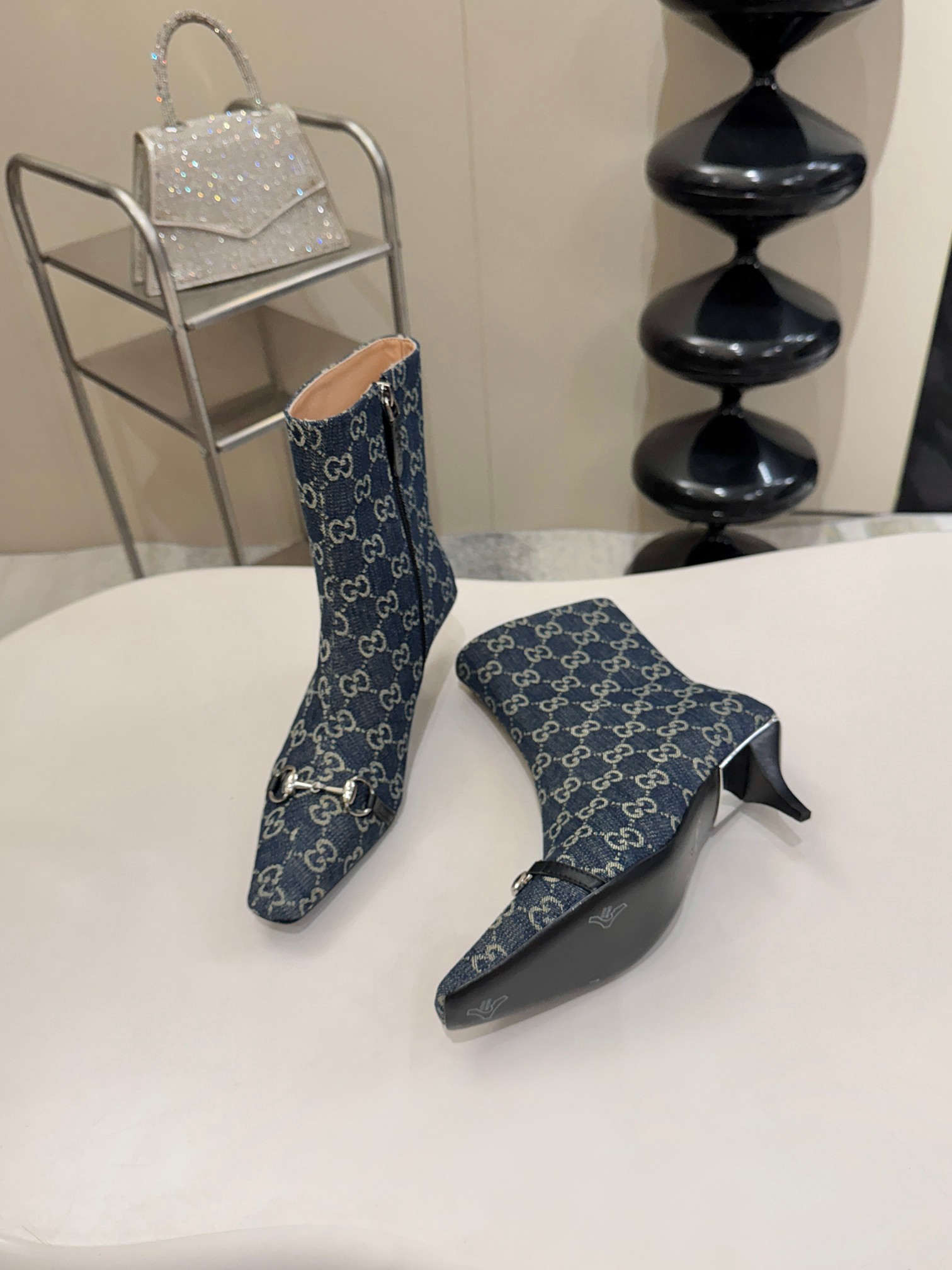 Gucci Blue GG Horsebit Square Toe Ankle Boots