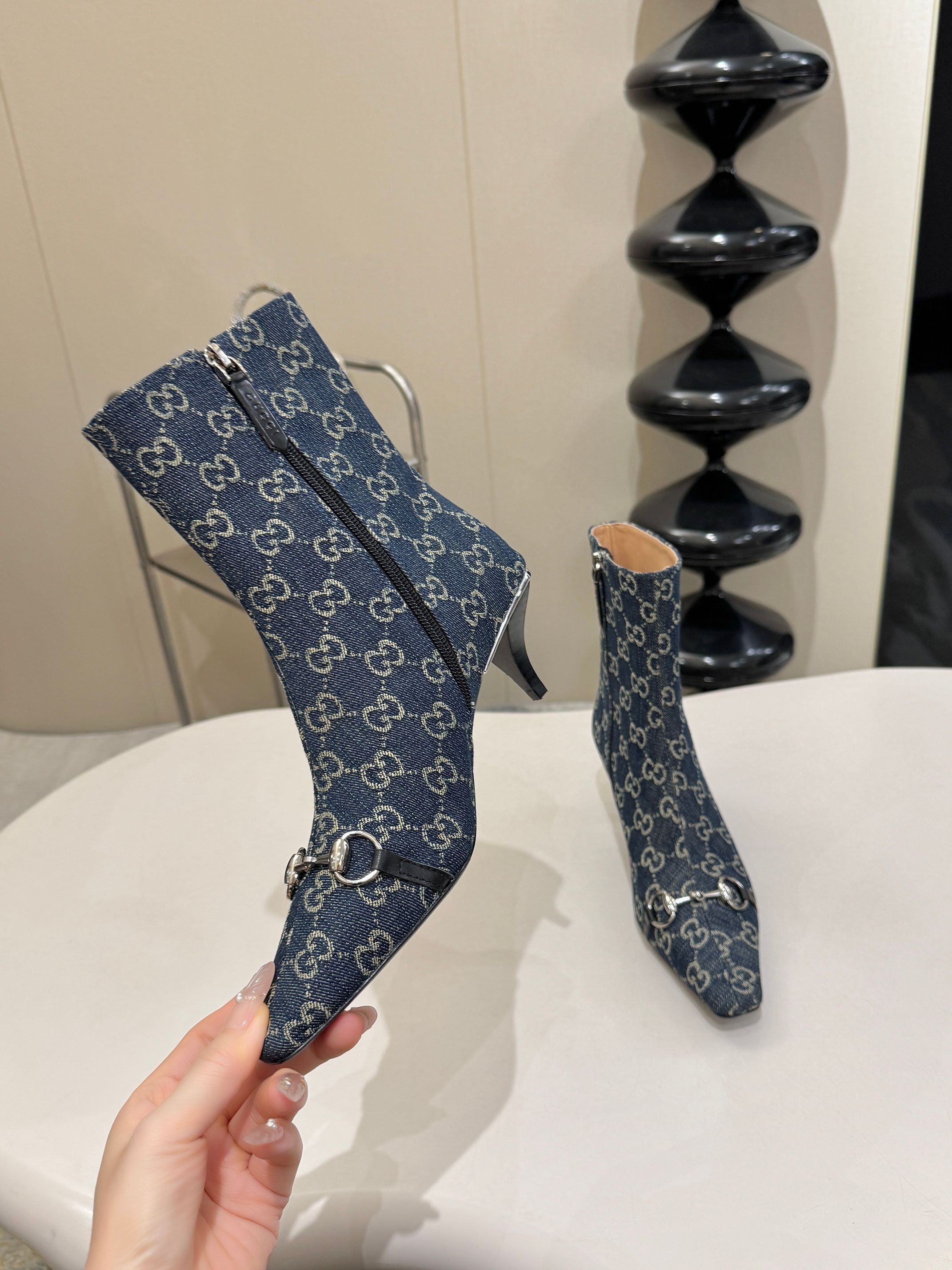 Gucci Blue GG Horsebit Square Toe Ankle Boots