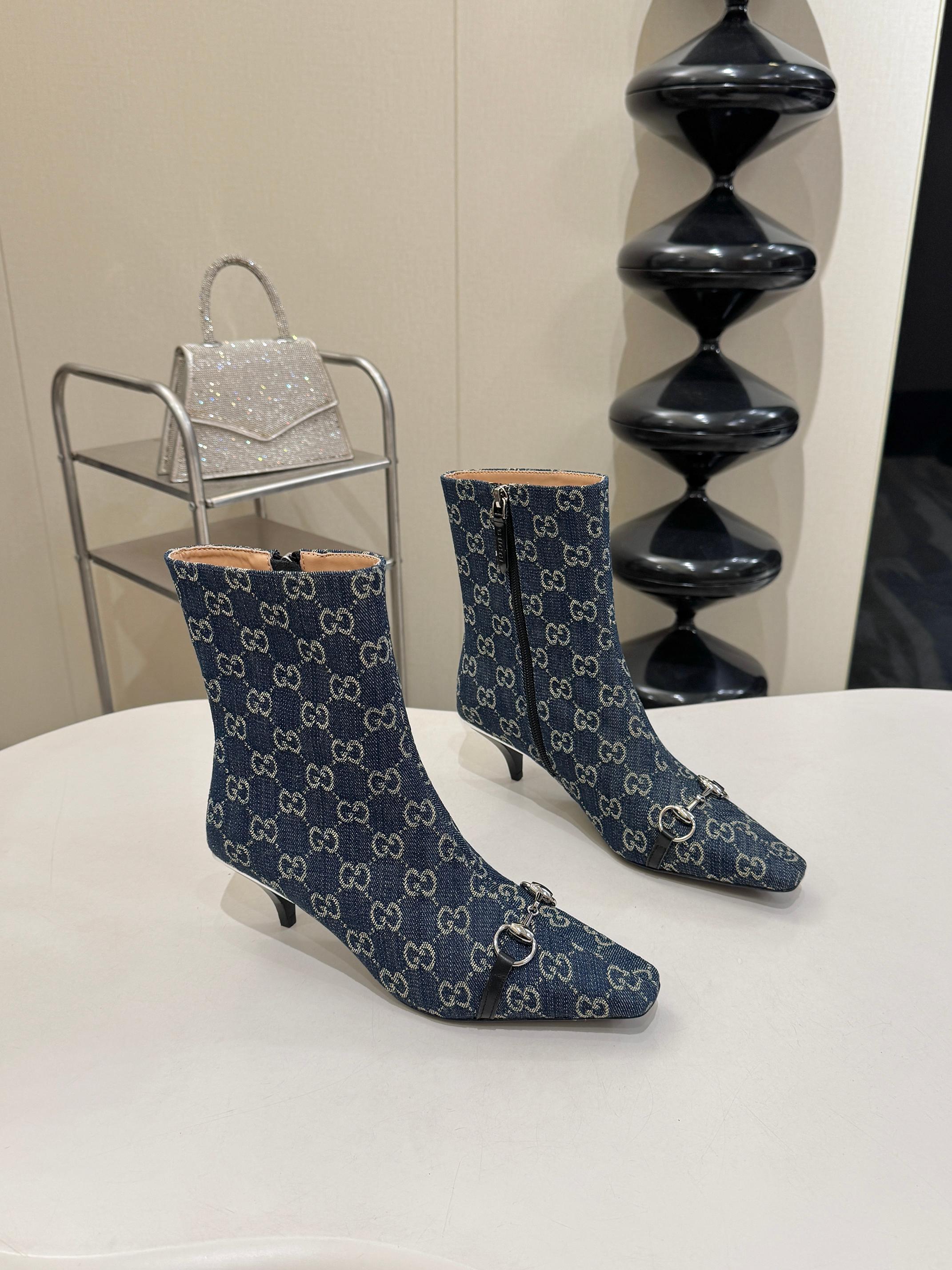 Gucci Blue GG Horsebit Square Toe Ankle Boots