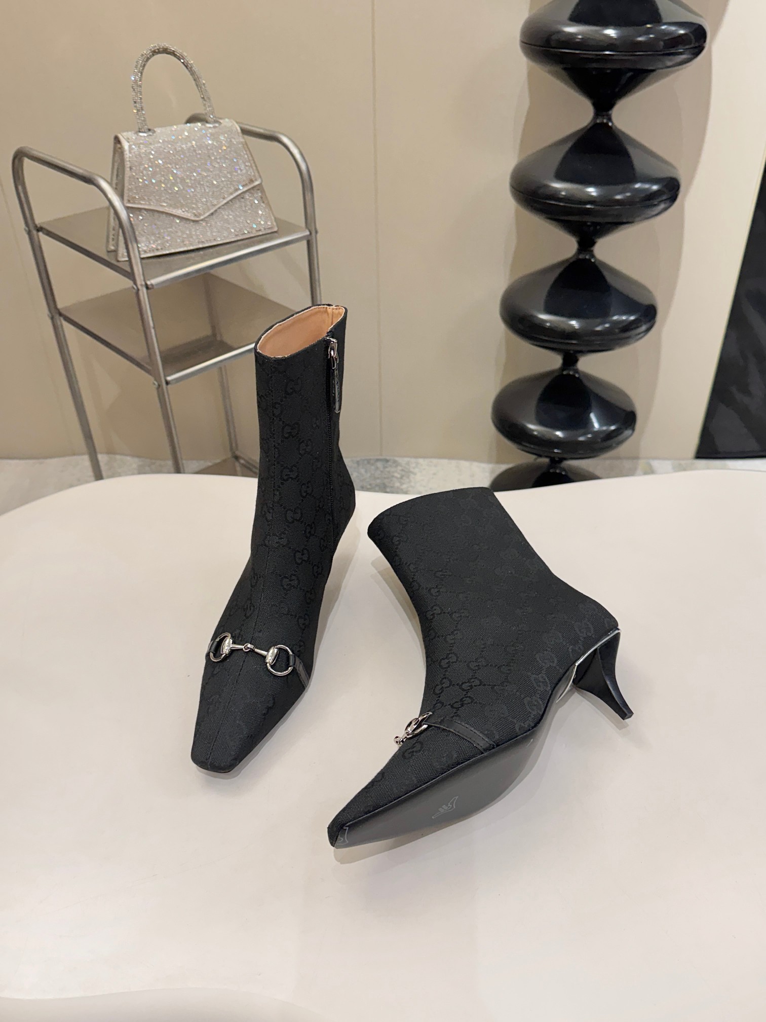 Gucci Black GG Horsebit Square Toe Ankle Boots