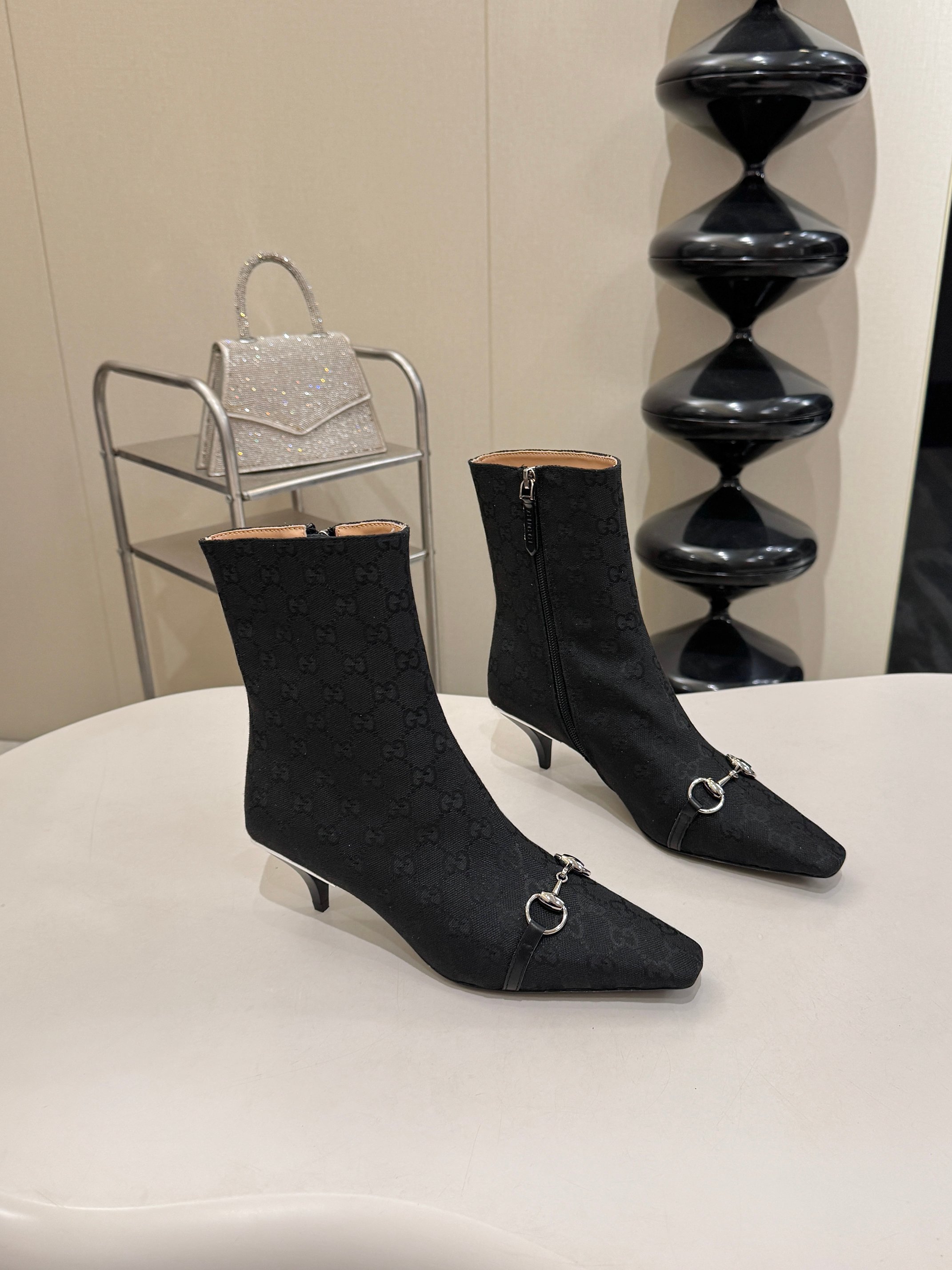 Gucci Black GG Horsebit Square Toe Ankle Boots