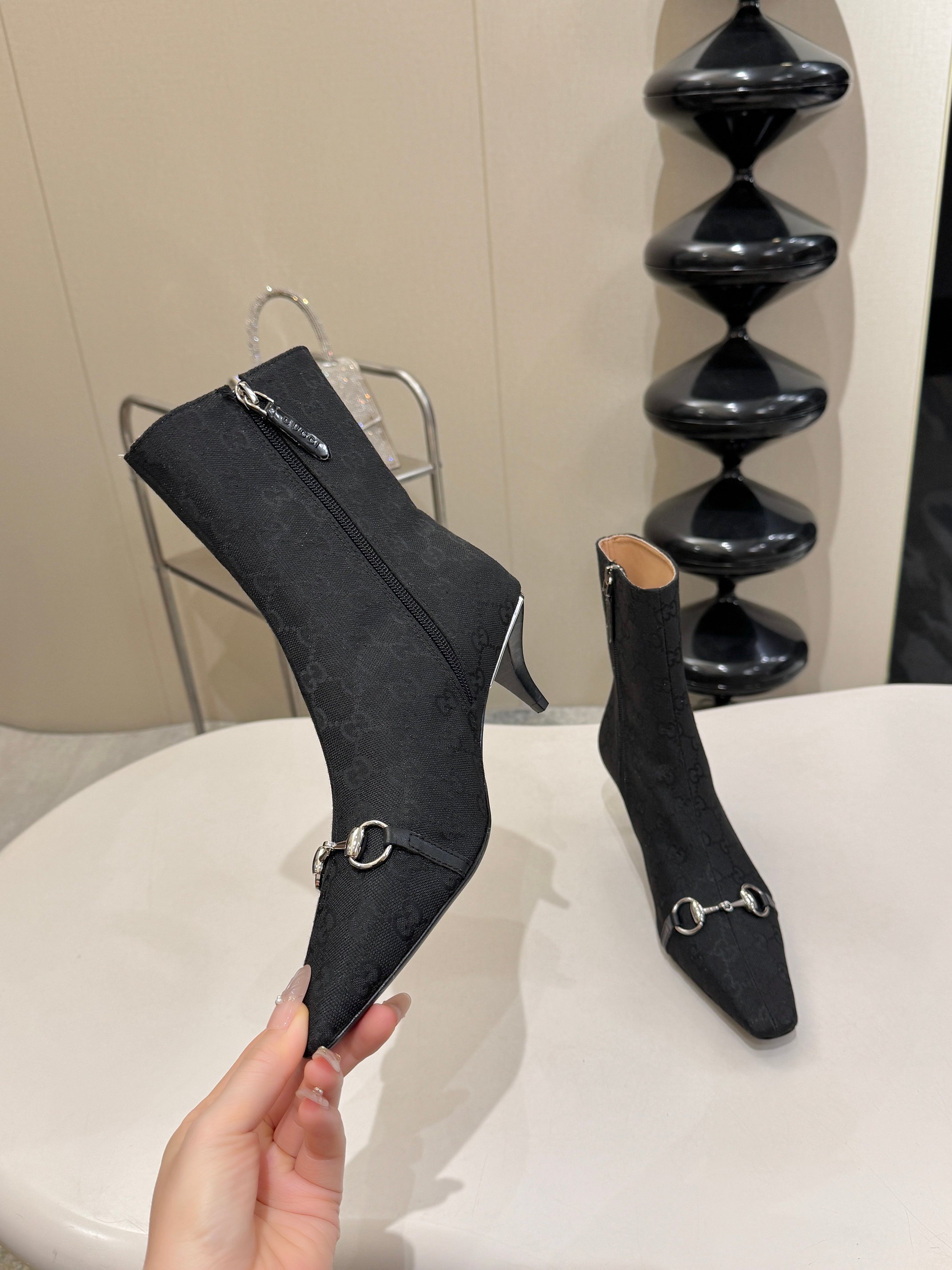 Gucci Black GG Horsebit Square Toe Ankle Boots