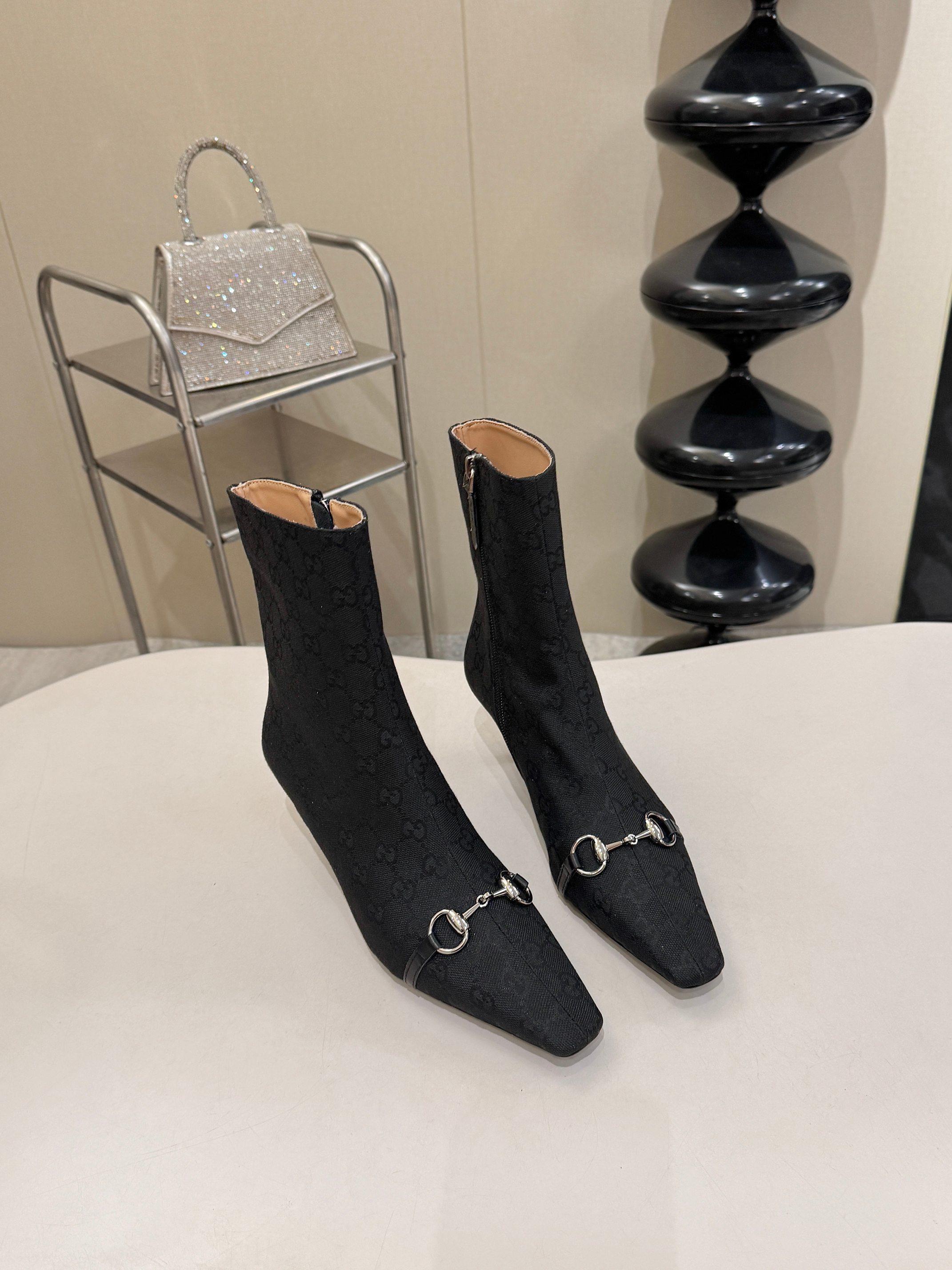 Gucci Black GG Horsebit Square Toe Ankle Boots