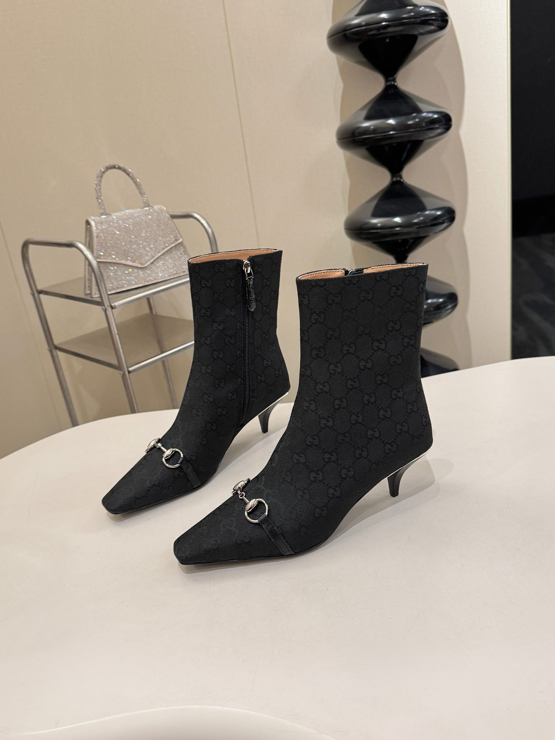 Gucci Black GG Horsebit Square Toe Ankle Boots