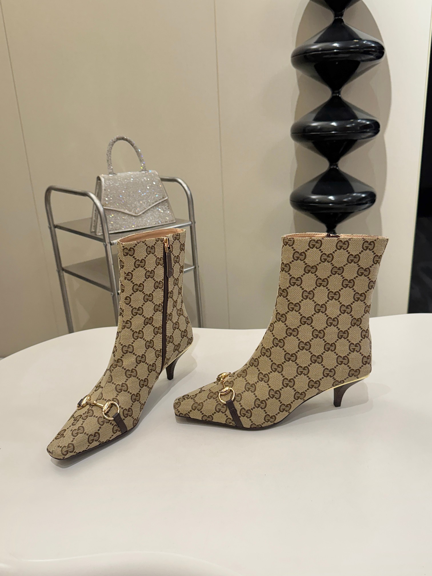 Gucci Beige GG Horsebit Square Toe Ankle Boots