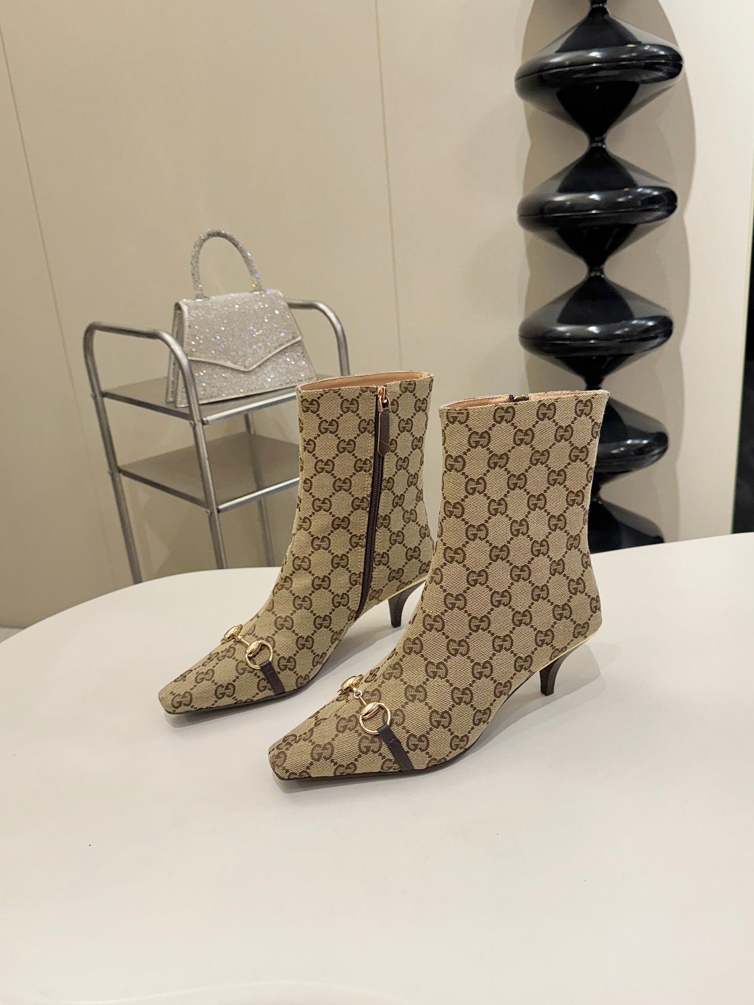 Gucci Beige GG Horsebit Square Toe Ankle Boots