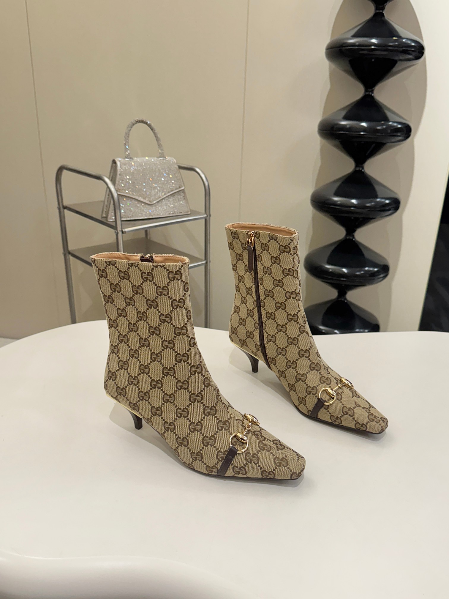 Gucci Beige GG Horsebit Square Toe Ankle Boots