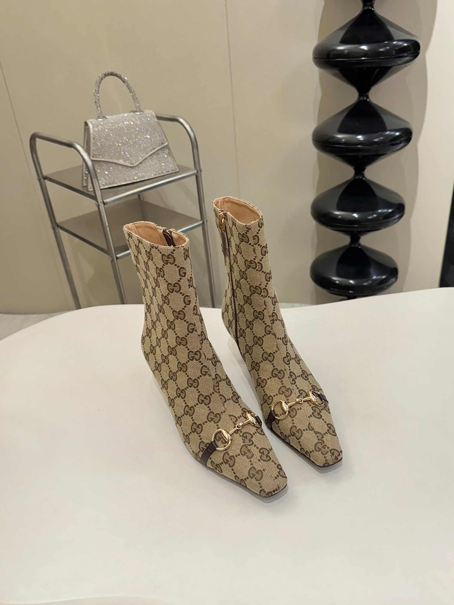 Gucci Beige GG Horsebit Square Toe Ankle Boots