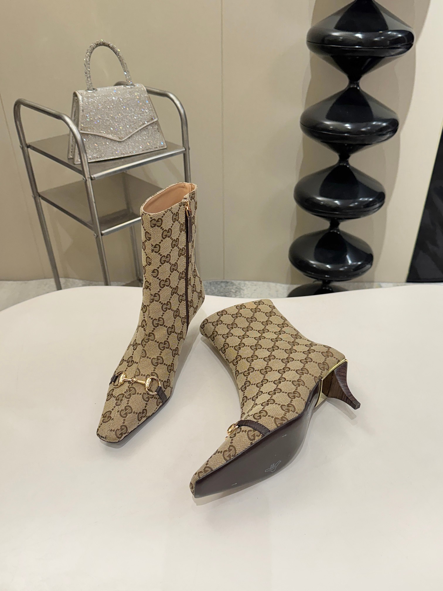 Gucci Beige GG Horsebit Square Toe Ankle Boots