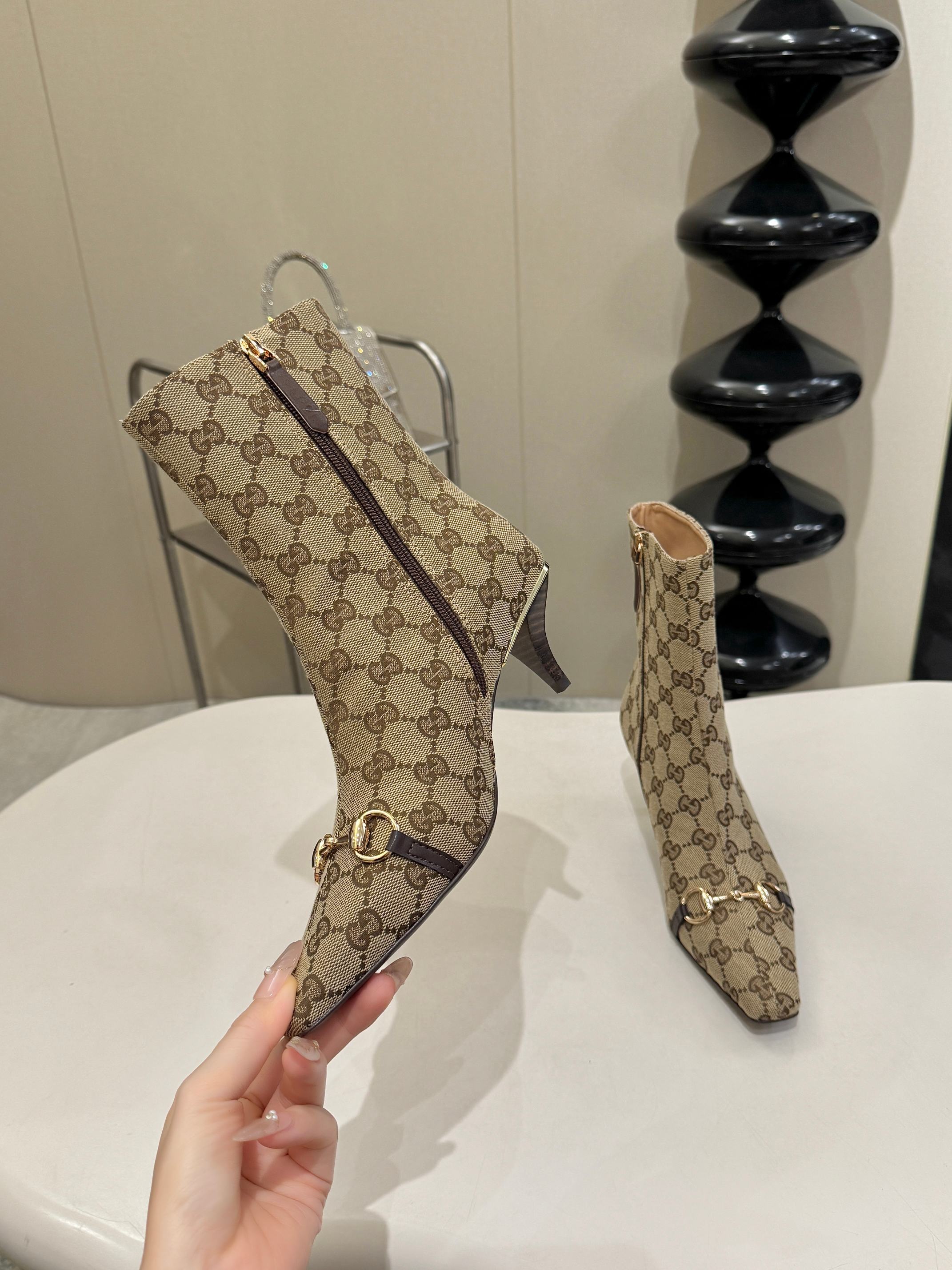 Gucci Beige GG Horsebit Square Toe Ankle Boots