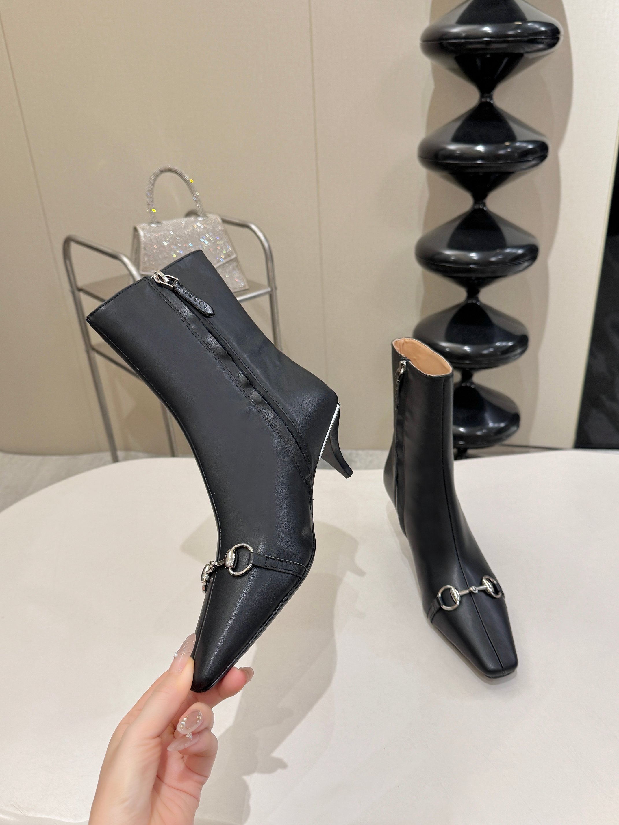 Gucci Black Horsebit Square Toe Ankle Boots