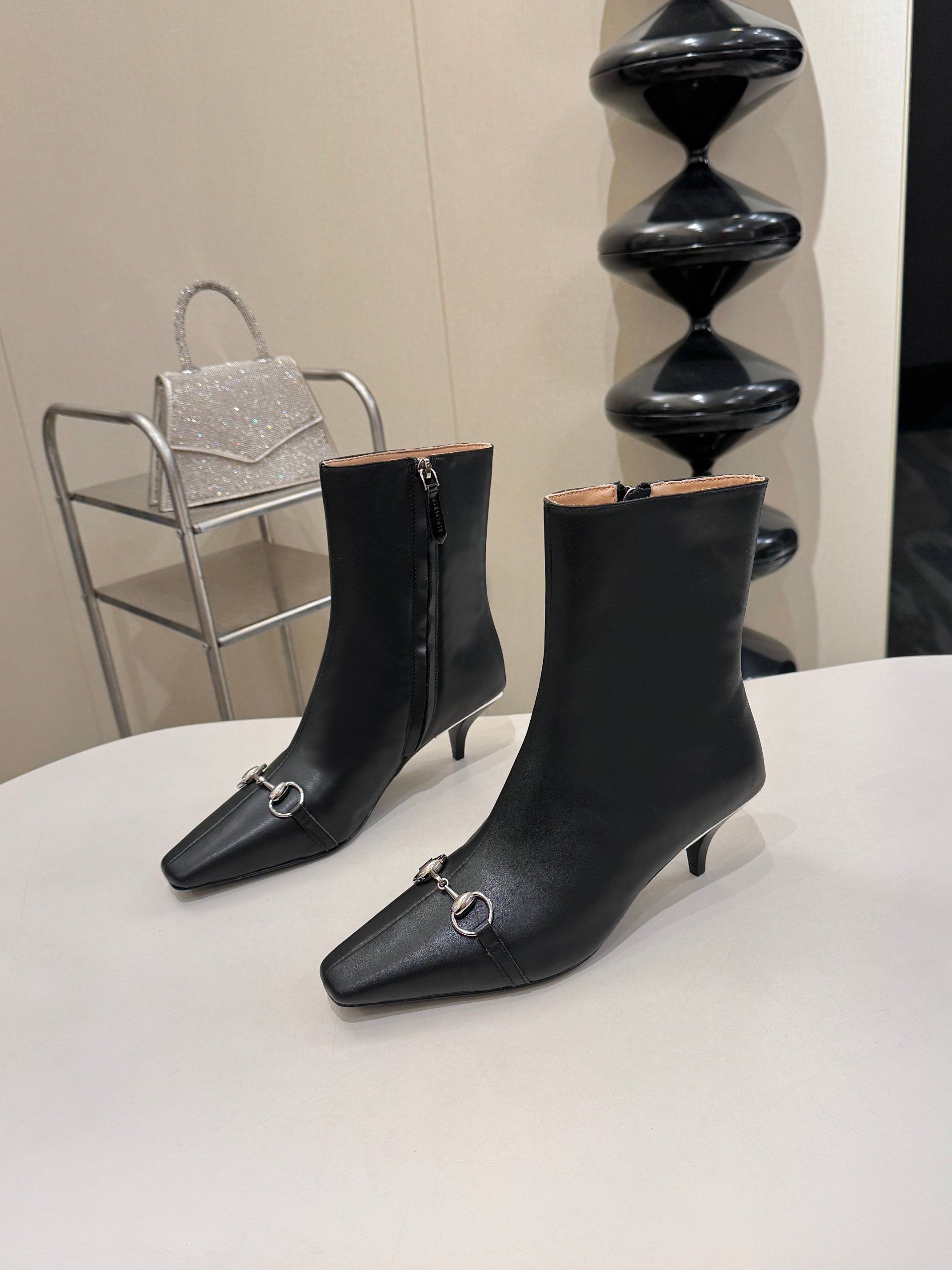 Gucci Black Horsebit Square Toe Ankle Boots