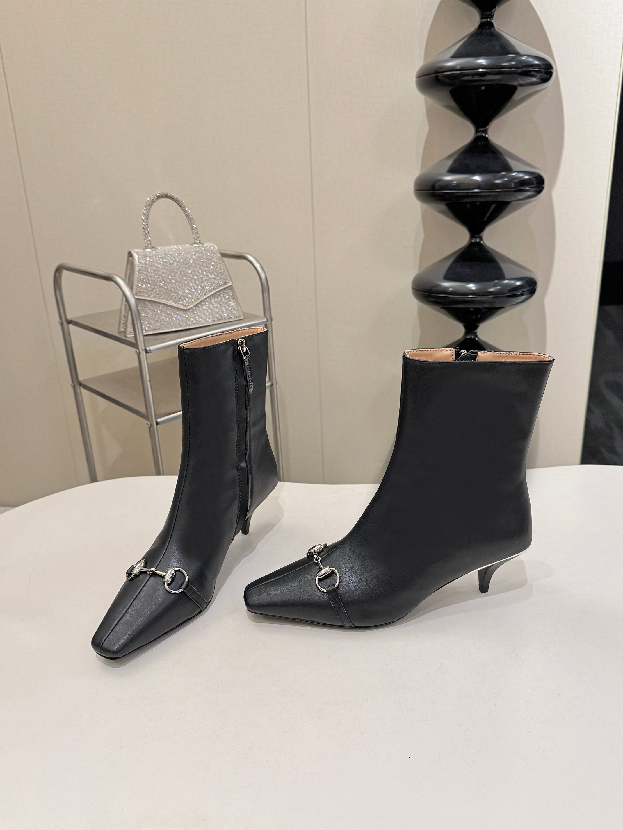 Gucci Black Horsebit Square Toe Ankle Boots