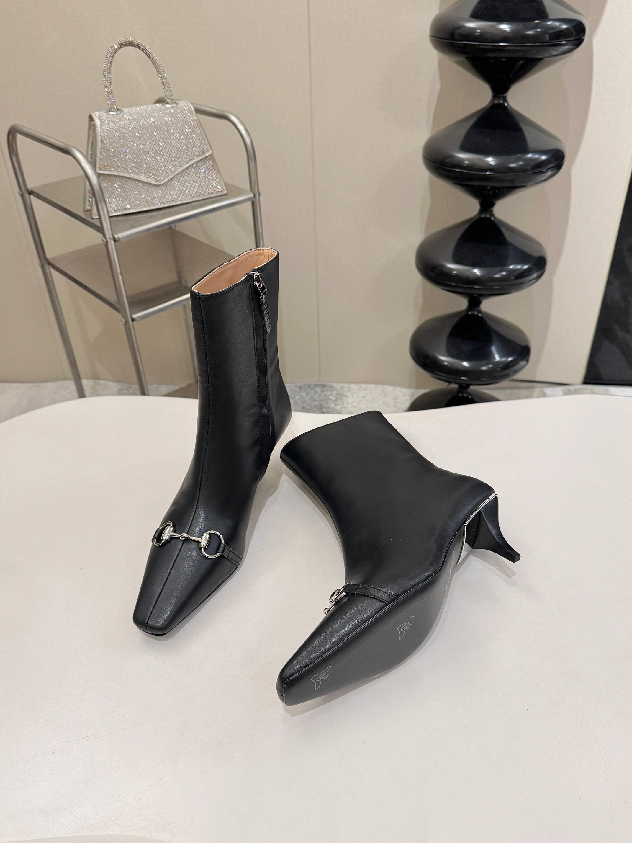 Gucci Black Horsebit Square Toe Ankle Boots