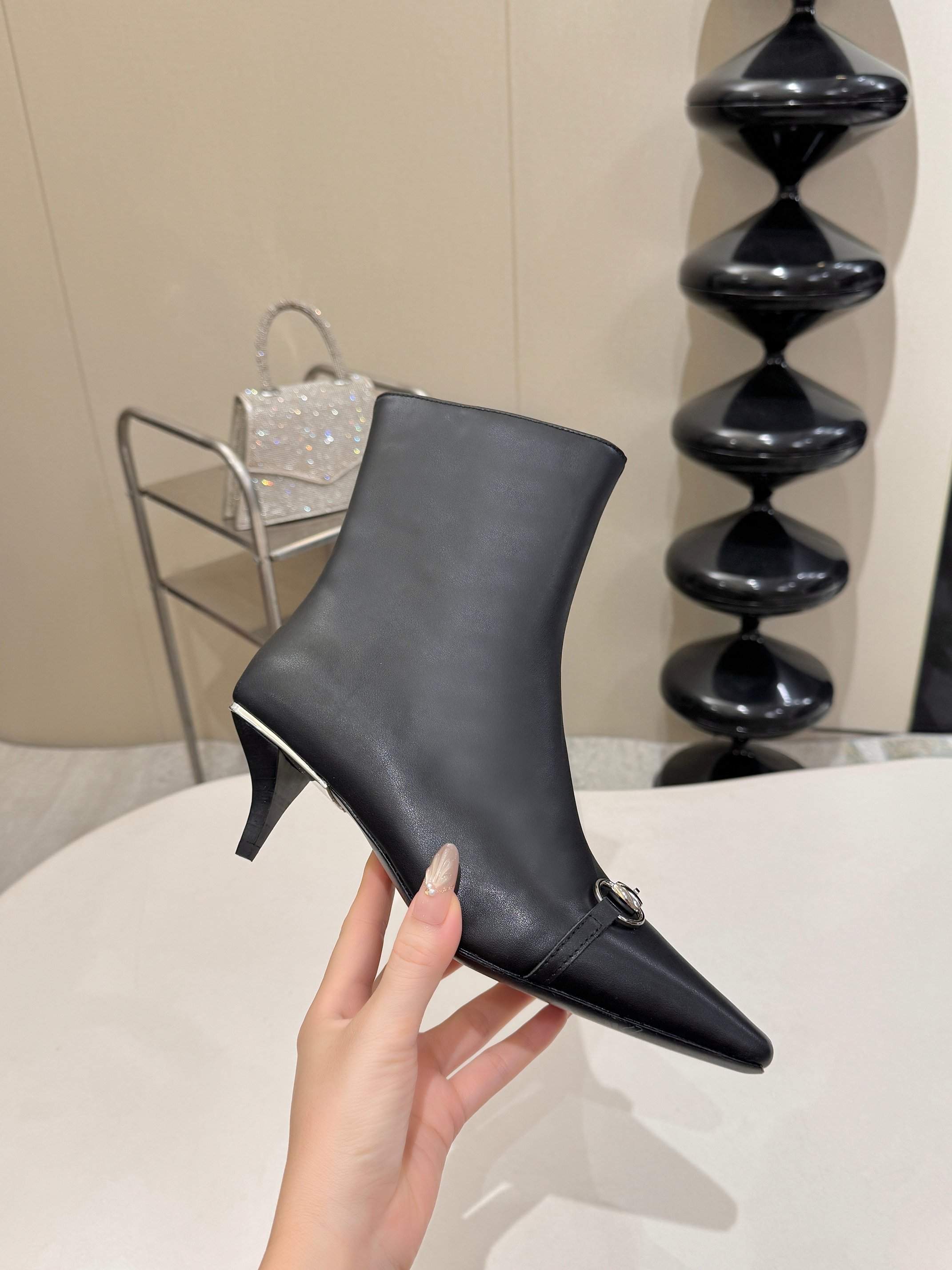 Gucci Black Horsebit Square Toe Ankle Boots