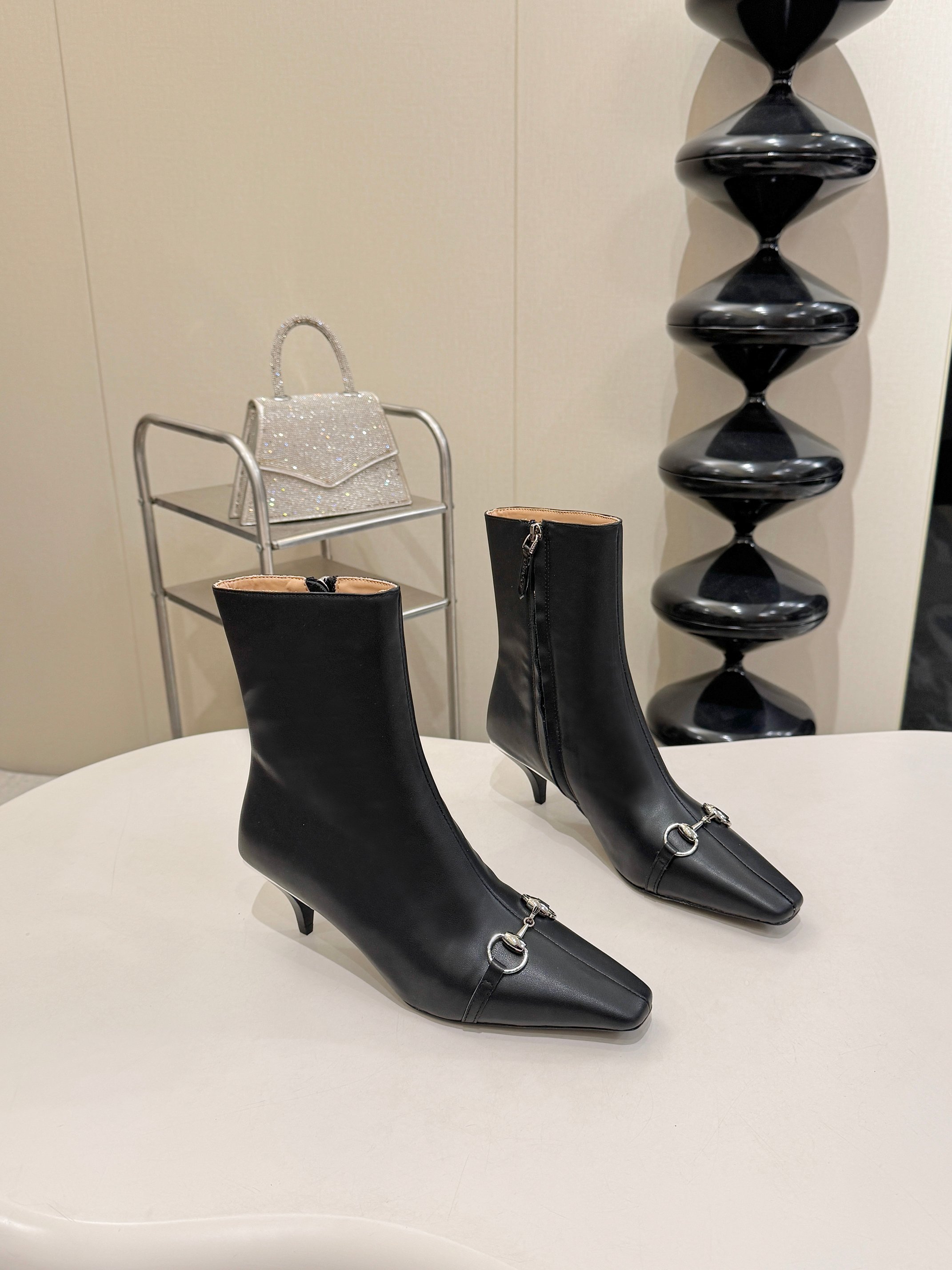 Gucci Black Horsebit Square Toe Ankle Boots