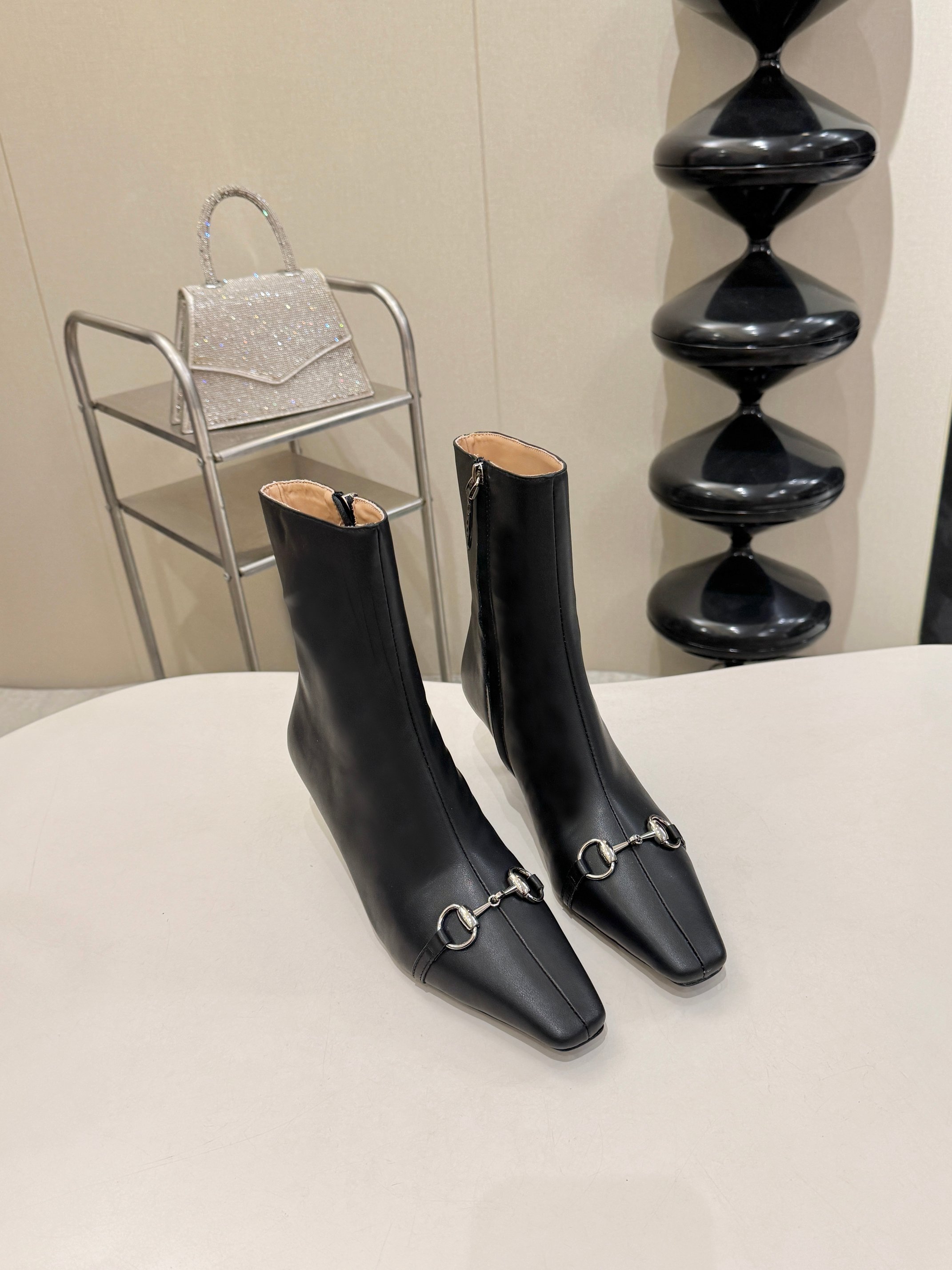 Gucci Black Horsebit Square Toe Ankle Boots